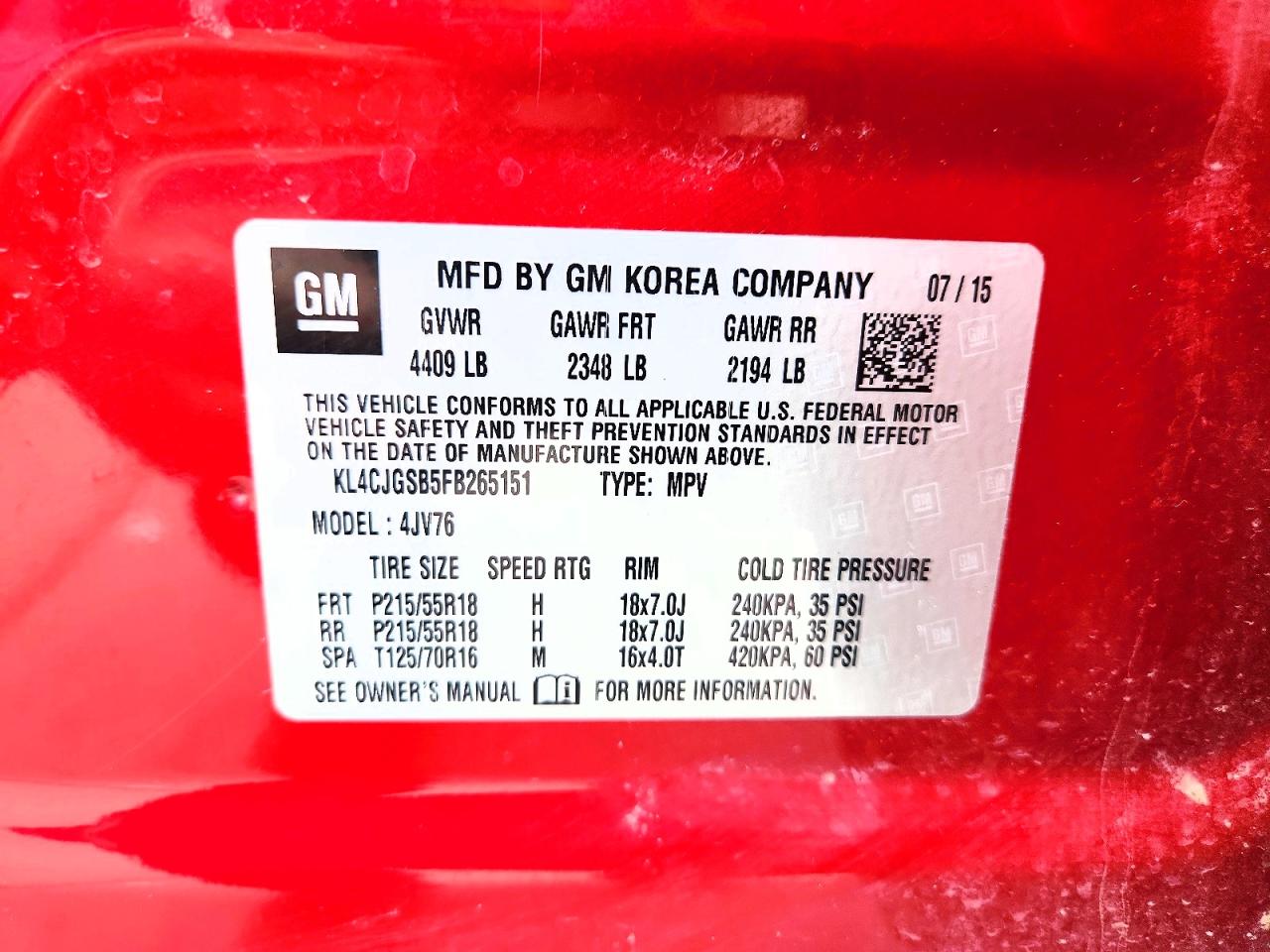 2015 Buick Encore Красный vin: KL4CJGSB5FB265151