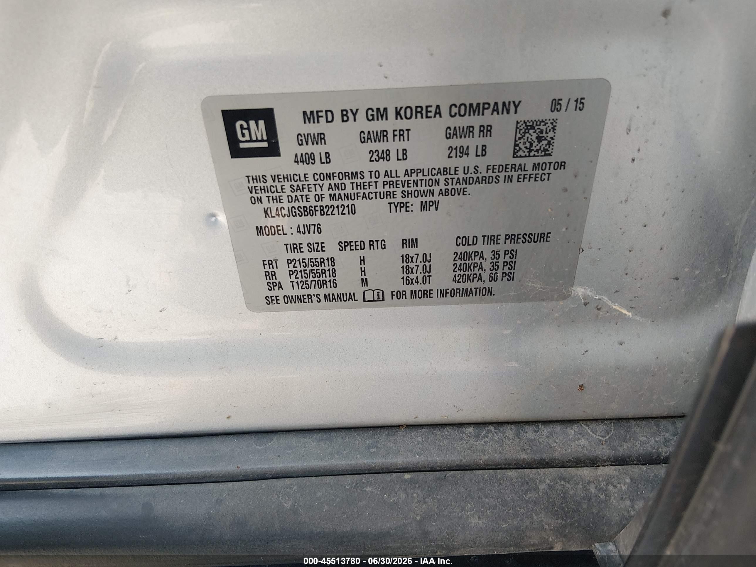 2015 Buick Encore Leather Серебряный vin: KL4CJGSB6FB221210
