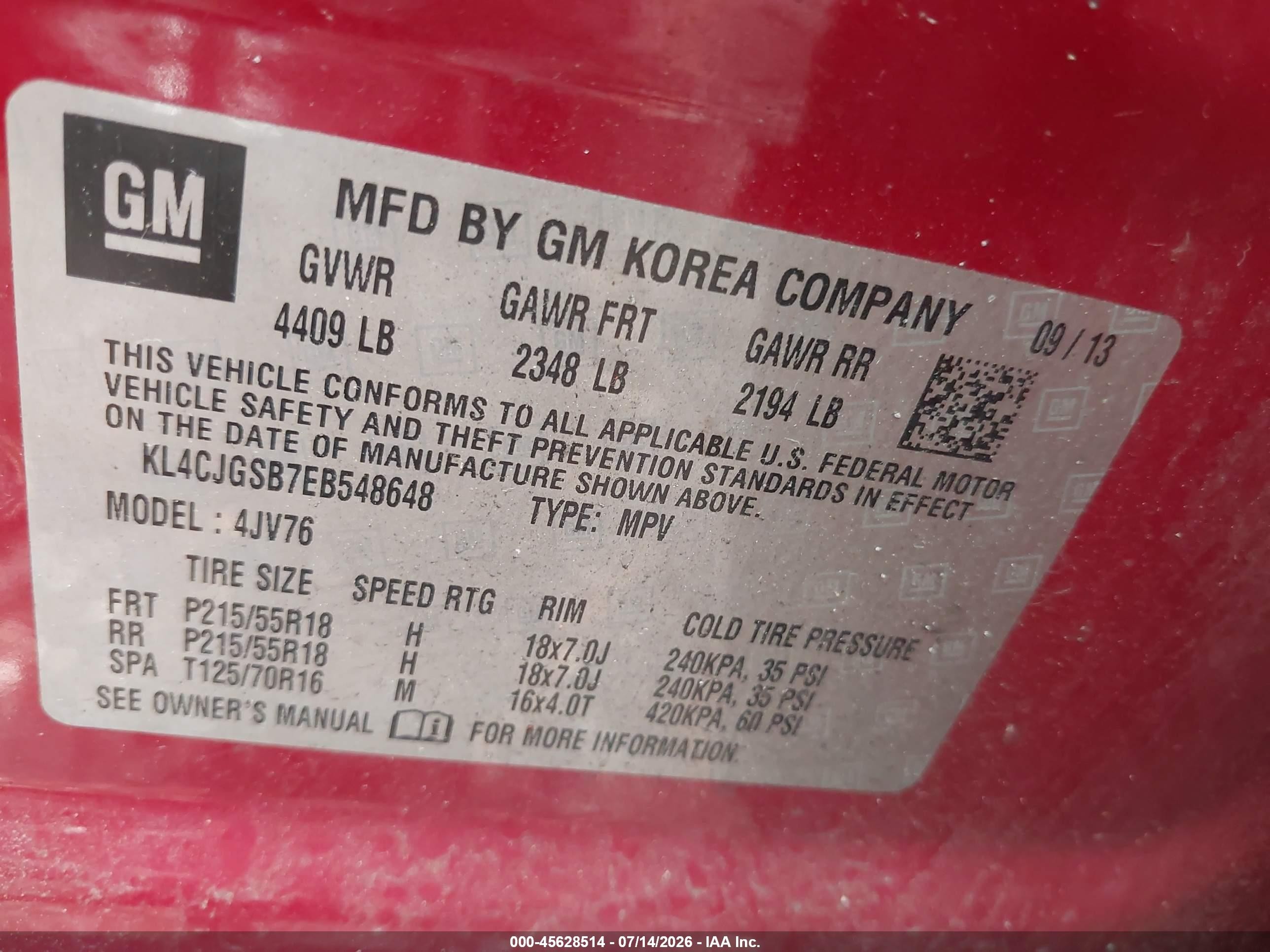 2014 Buick Encore Leather Red vin: KL4CJGSB7EB548648