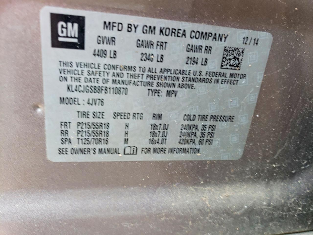 2015 Buick Encore Gray vin: KL4CJGSB8FB110870