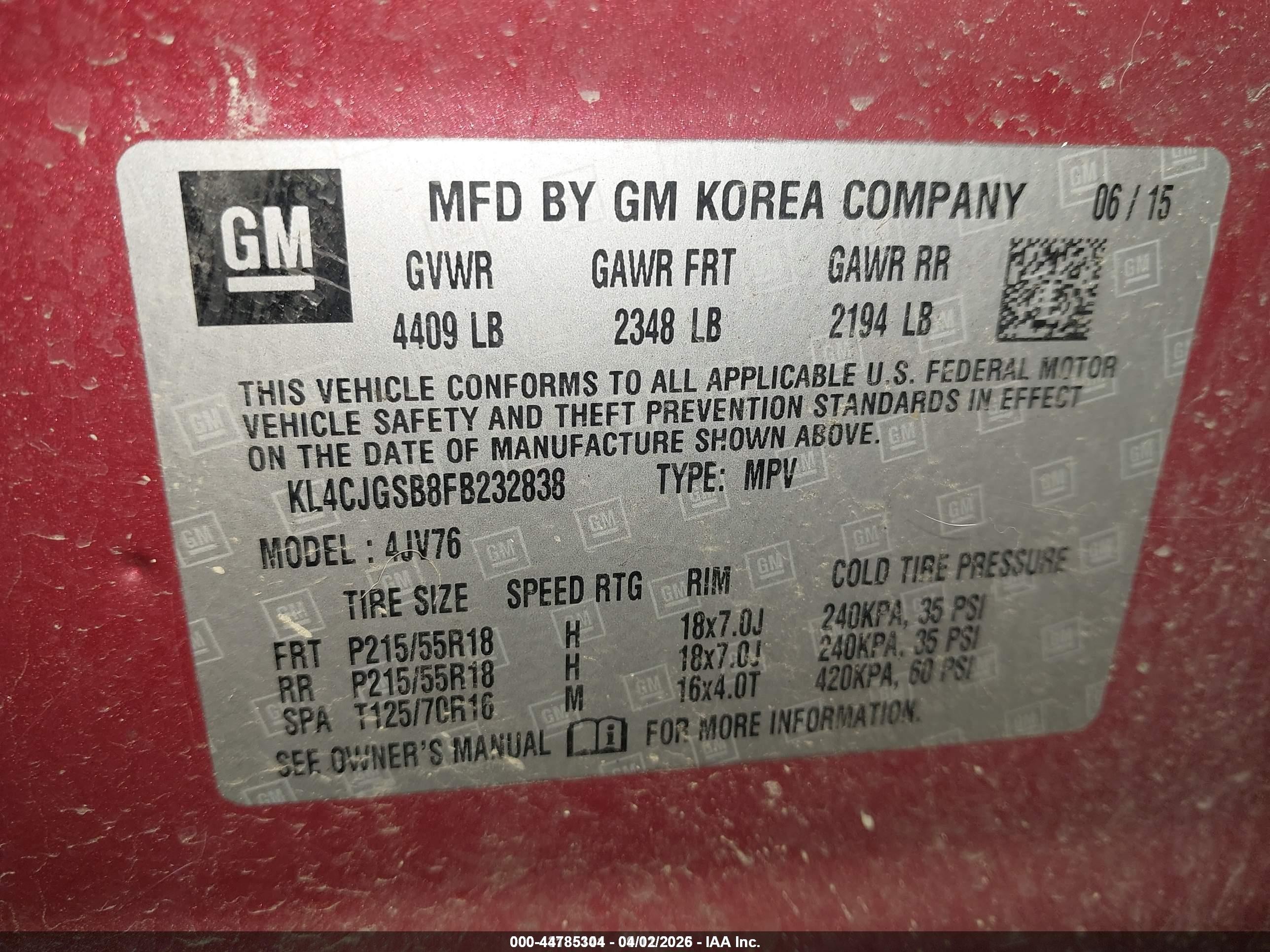 2015 Buick Encore Leather Red vin: KL4CJGSB8FB232838