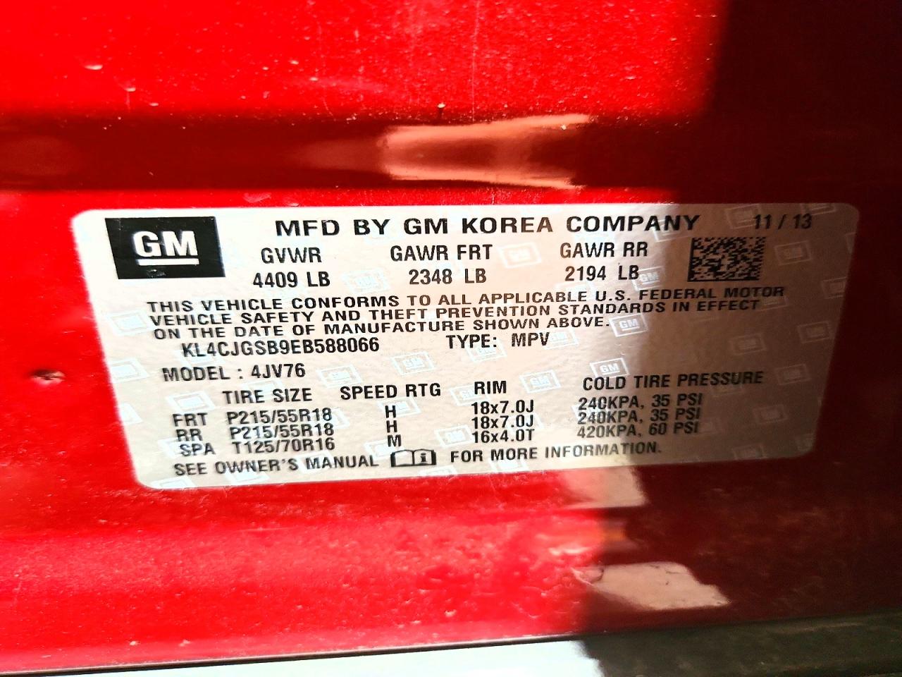 2014 Buick Encore Красный vin: KL4CJGSB9EB588066