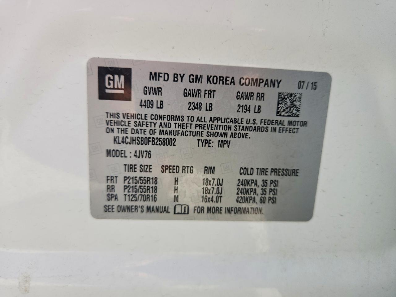 2015 Buick Encore Premium White vin: KL4CJHSB0FB258002