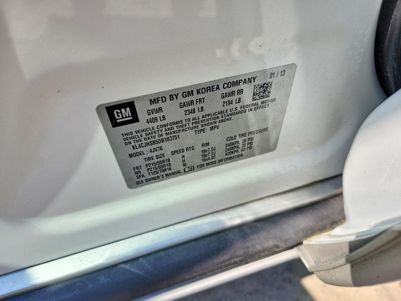 2013 Buick Encore Premium White vin: KL4CJHSB5DB103751