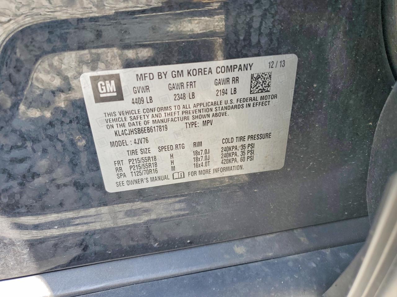 2014 Buick Encore Black vin: KL4CJHSB6EB617819