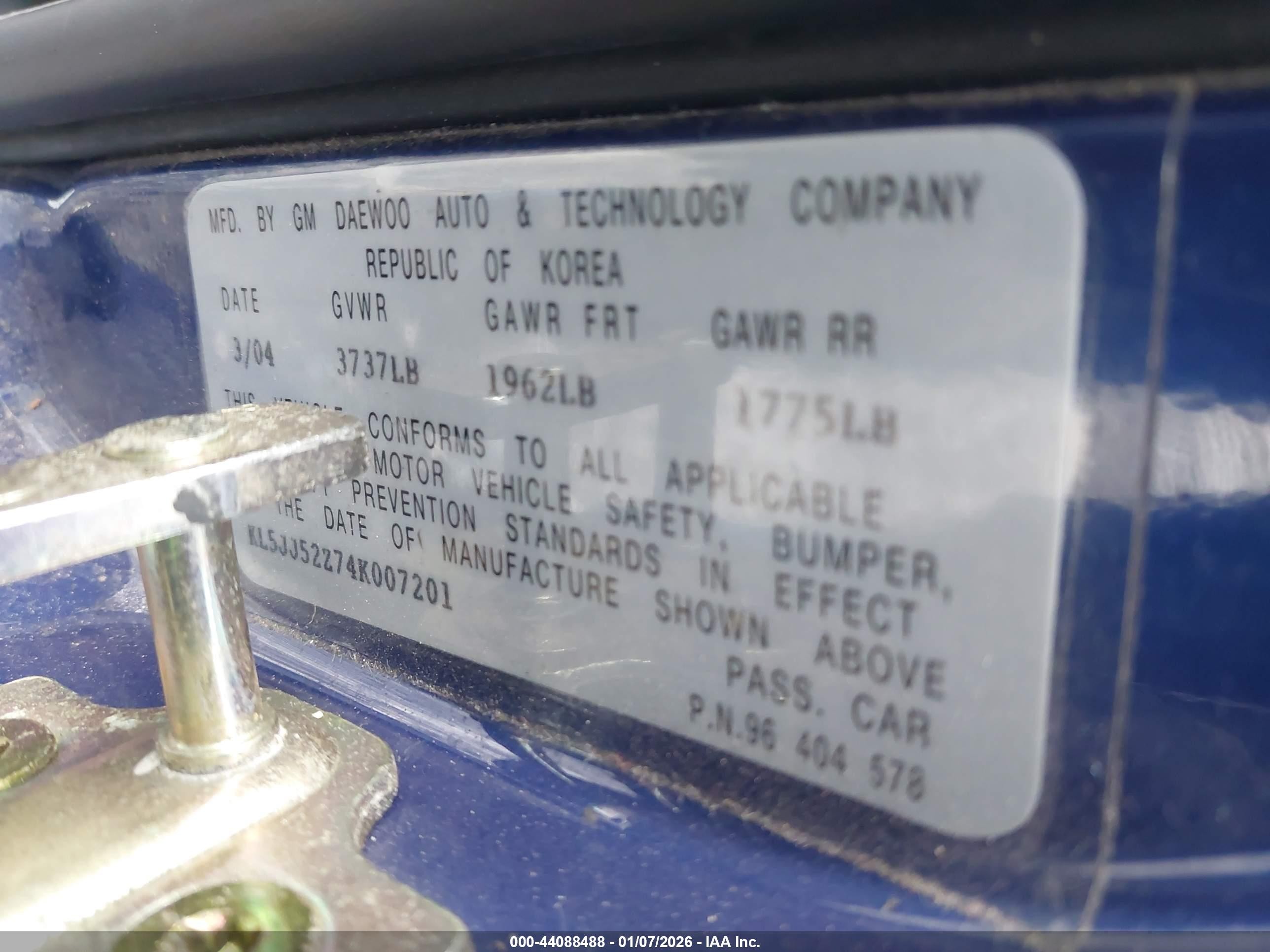 2004 Suzuki Forenza Ex/lx Blue vin: KL5JJ52Z74K007201