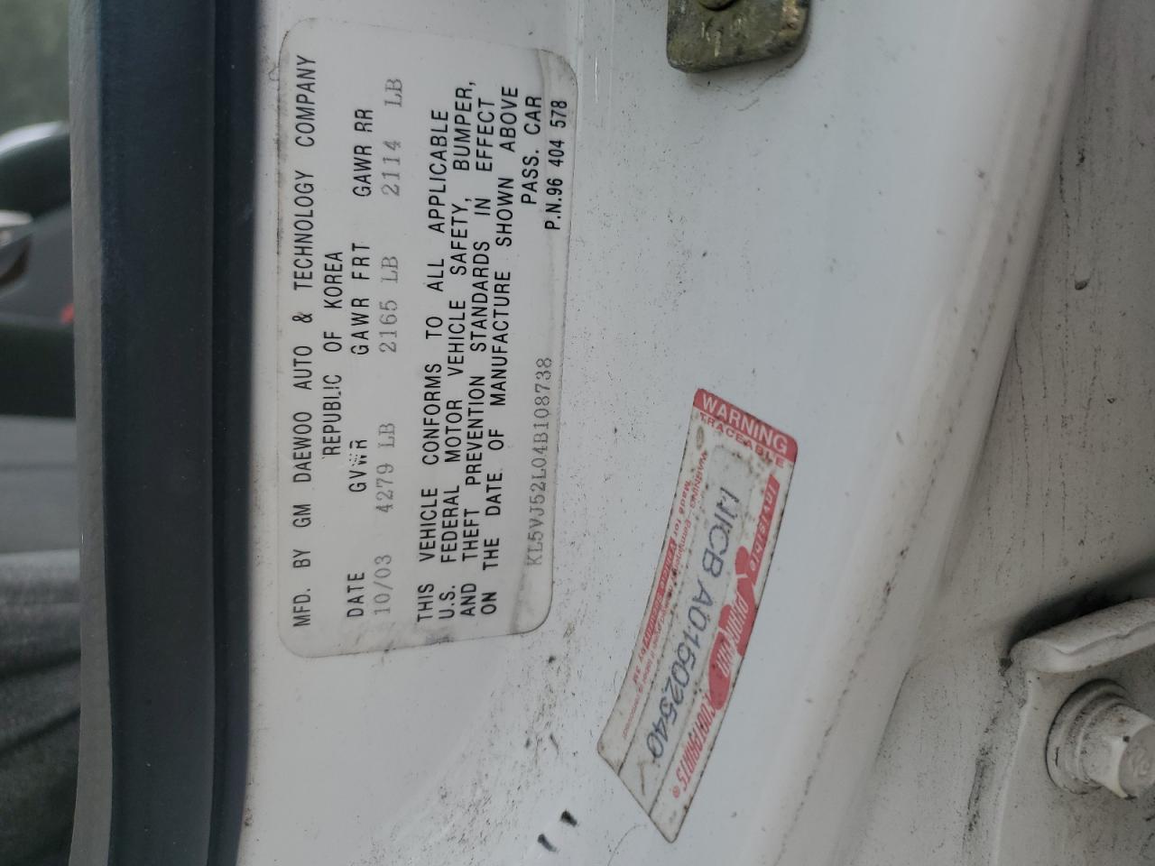 2004 Suzuki Verona S White vin: KL5VJ52L04B108738