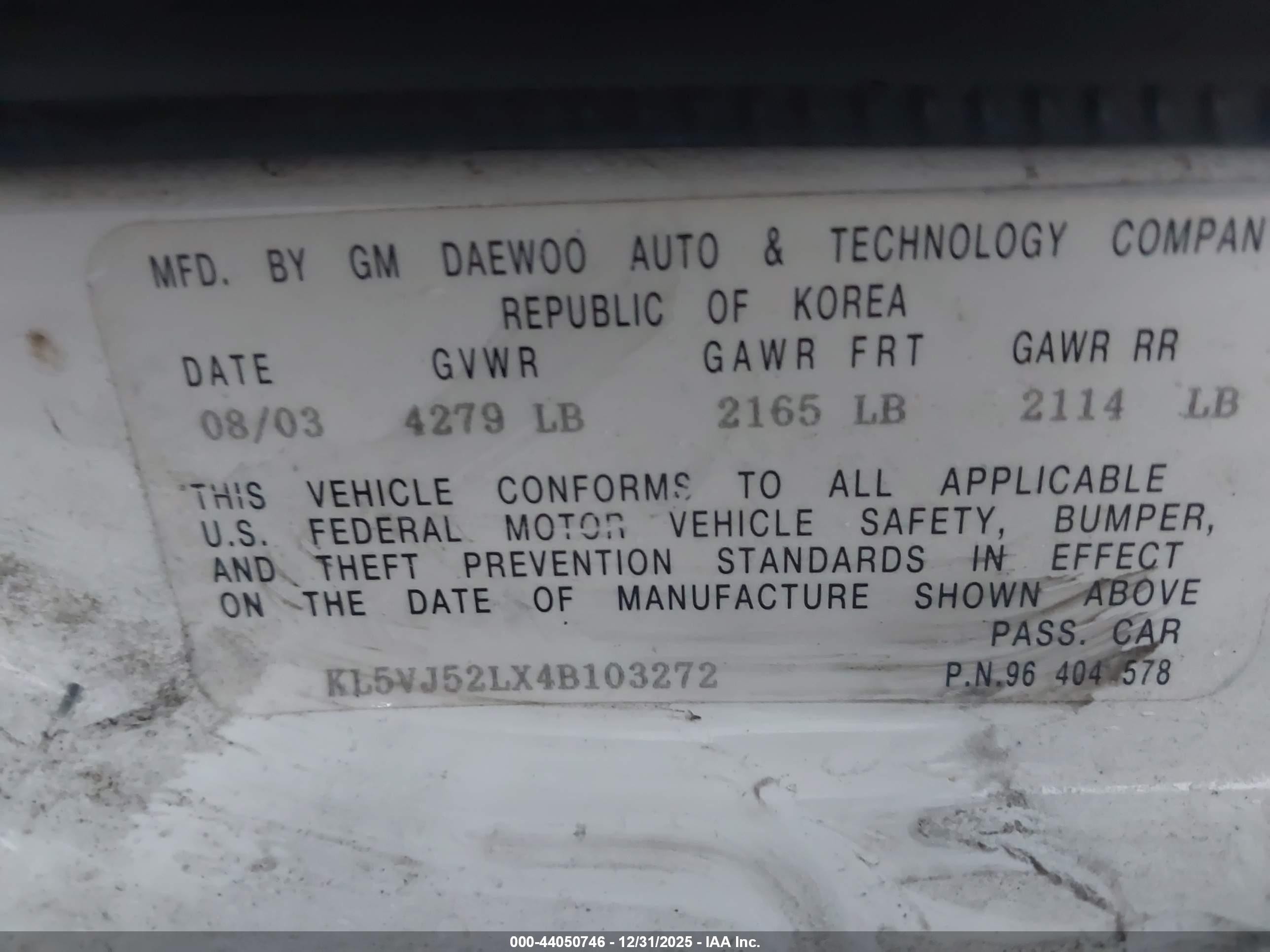 2004 Suzuki Verona Lx/s White vin: KL5VJ52LX4B103272