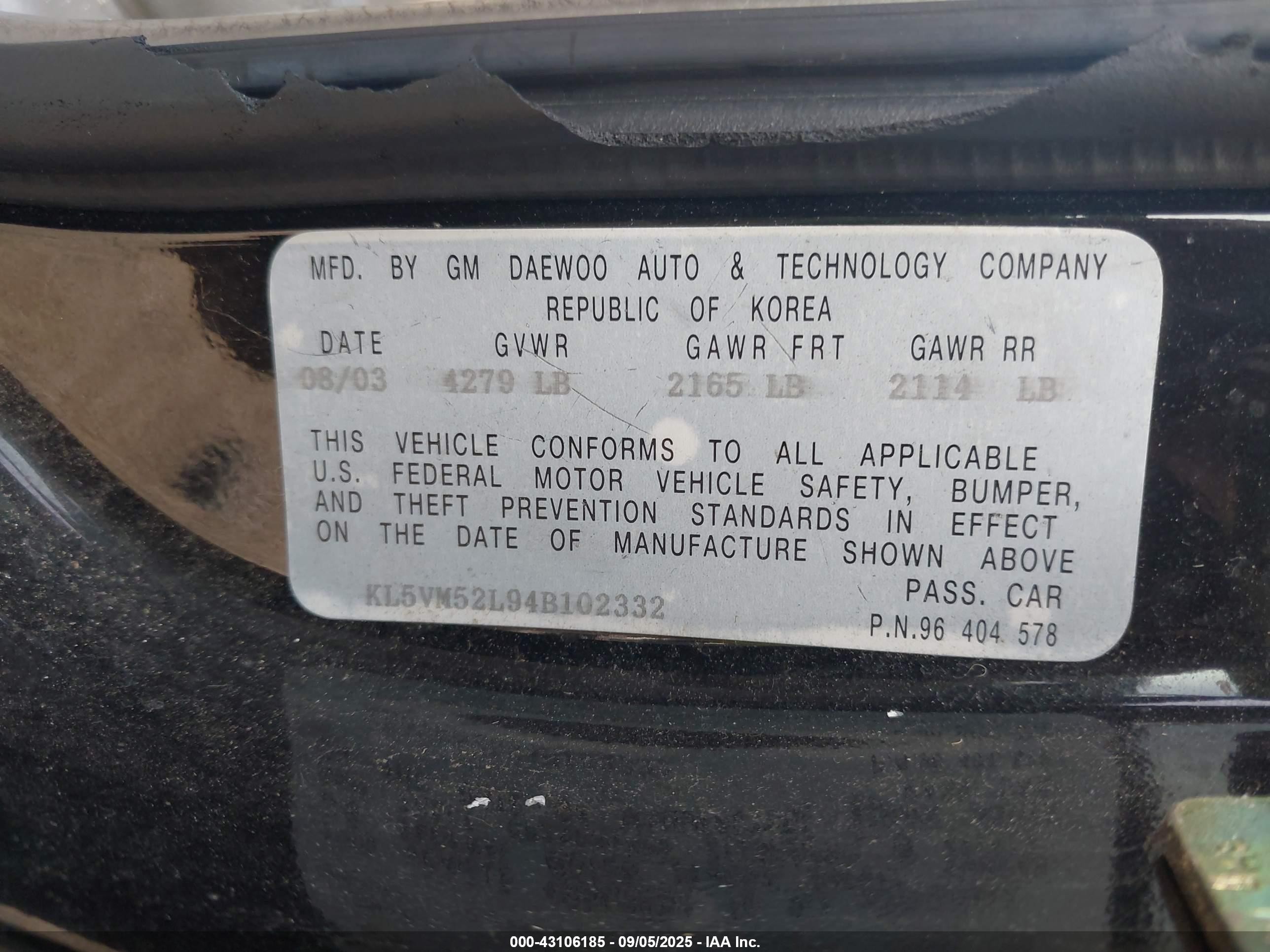 2004 Suzuki Verona Ex Black vin: KL5VM52L94B102332