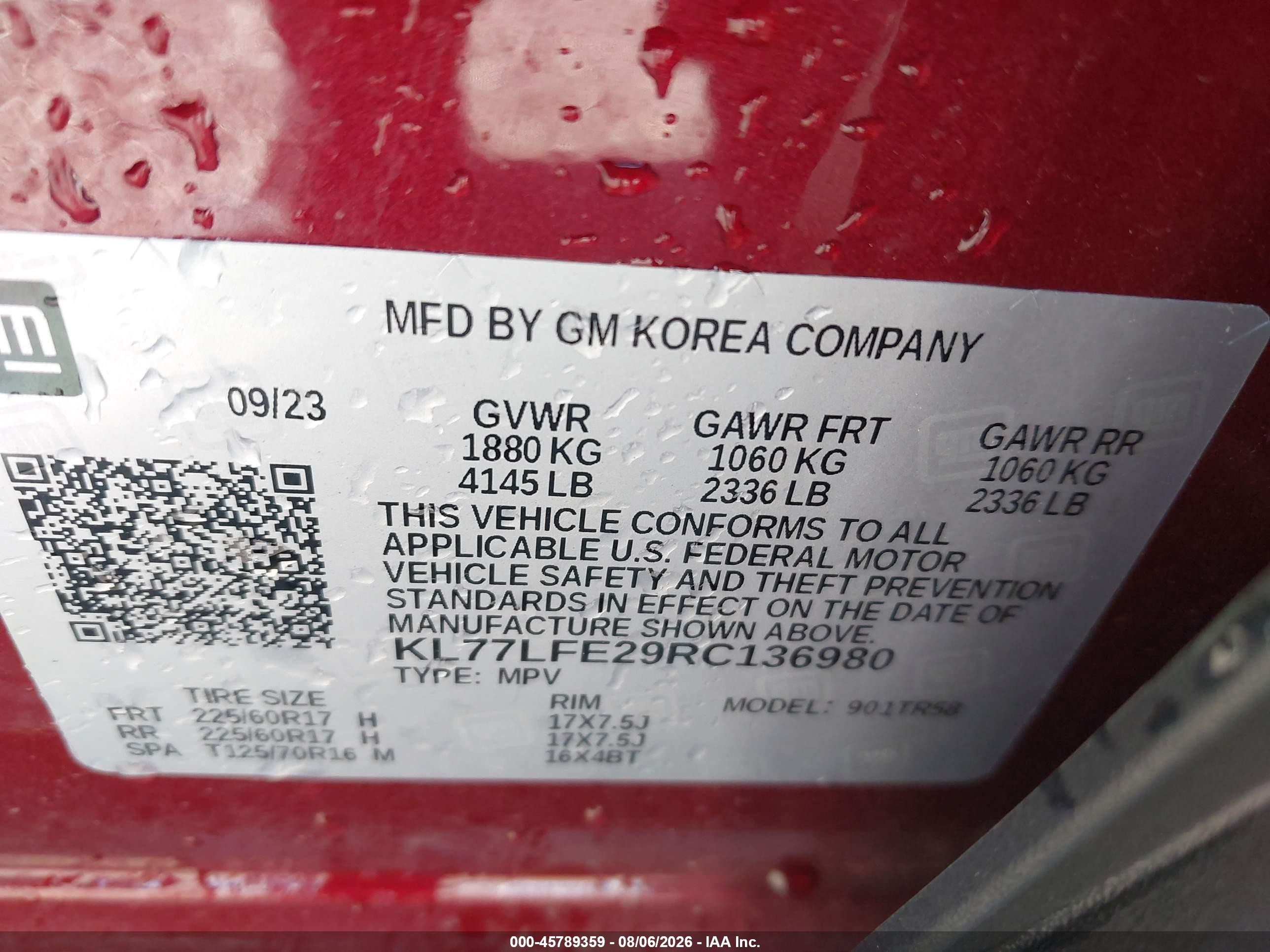 2024 Chevrolet Trax Fwd Sp Maroon vin: KL77LFE29RC136980
