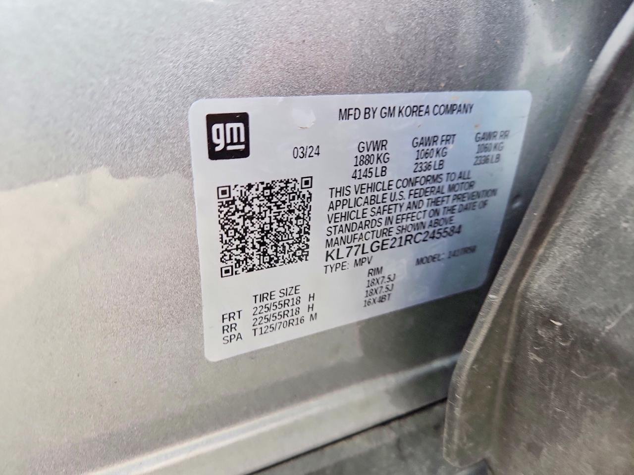 2024 Chevrolet Trax 1rs Gray vin: KL77LGE21RC245584