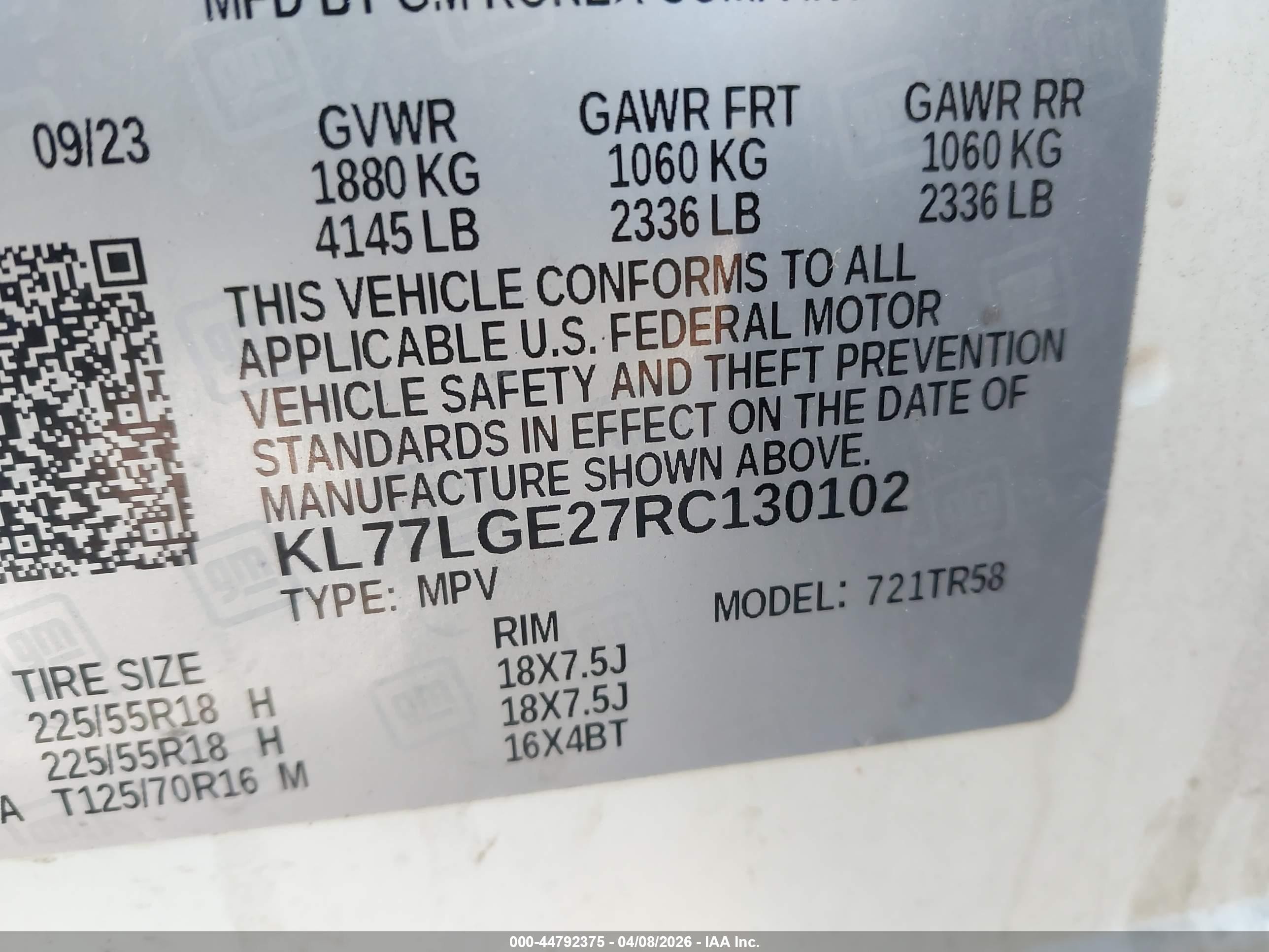 2024 Chevrolet Trax Fwd 1rs White vin: KL77LGE27RC130102