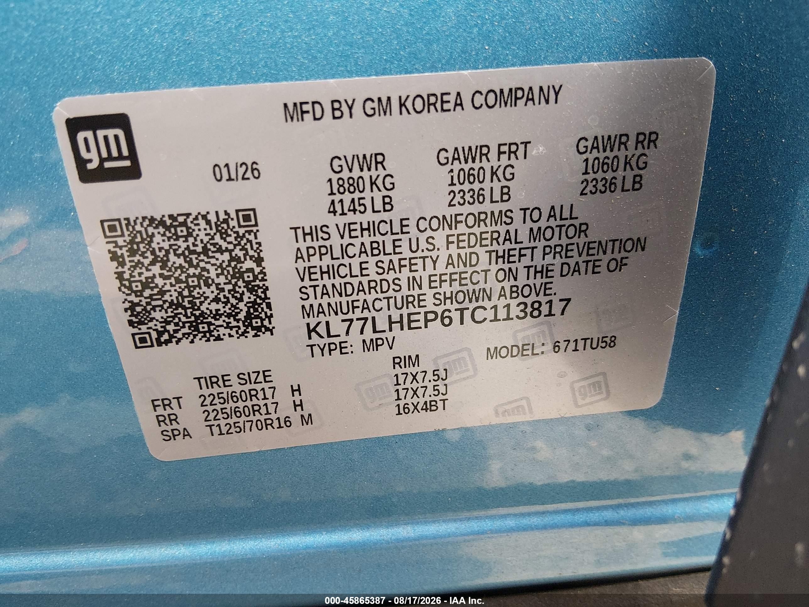 2026 Chevrolet Trax Fwd Lt Blue vin: KL77LHEP6TC113817