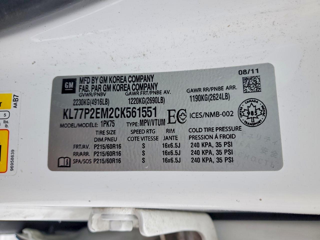 2012 Chevrolet Orlando Lt White vin: KL77P2EM2CK561551