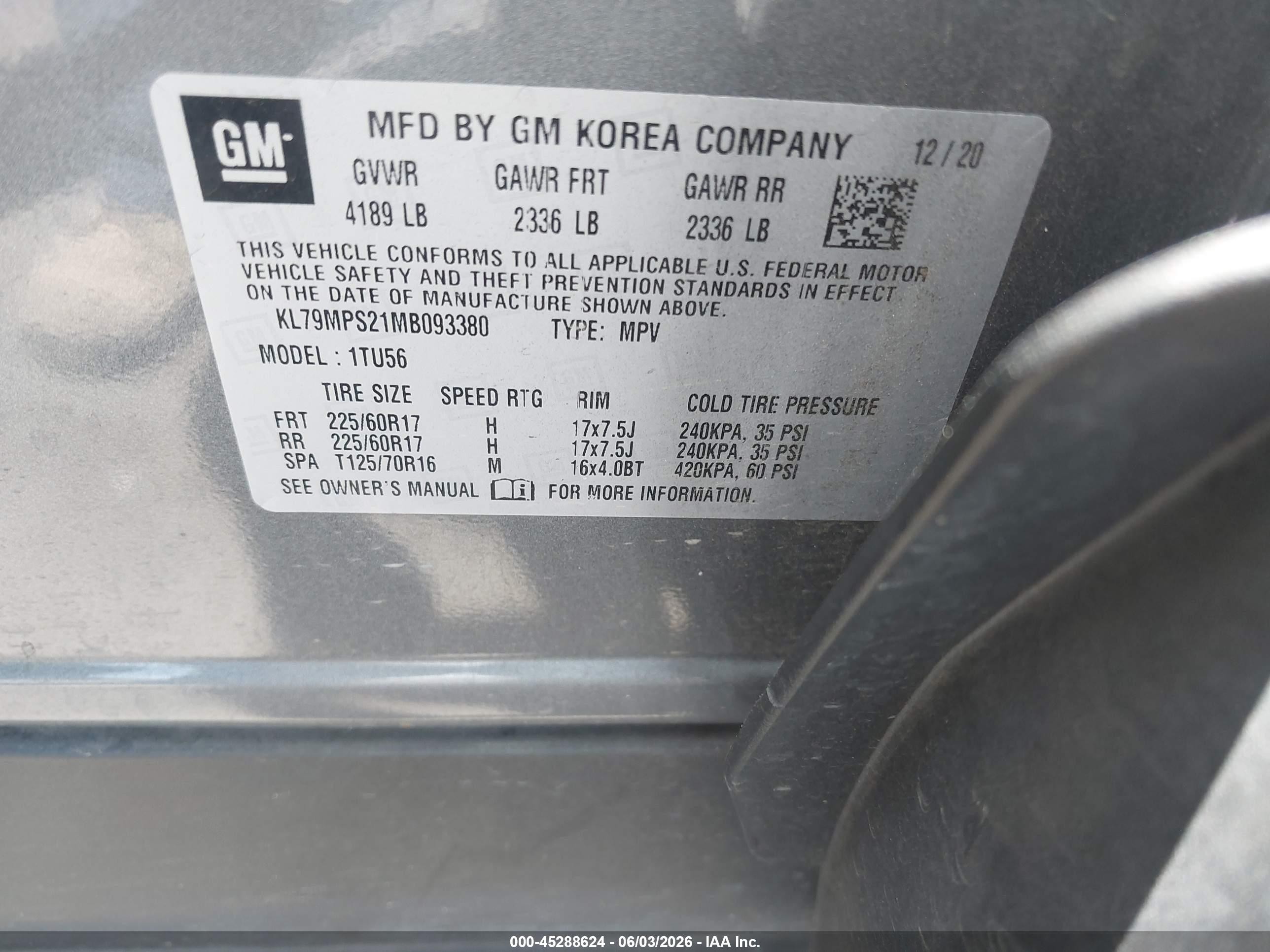2021 Chevrolet Trailblazer Fwd Lt Gray vin: KL79MPS21MB093380