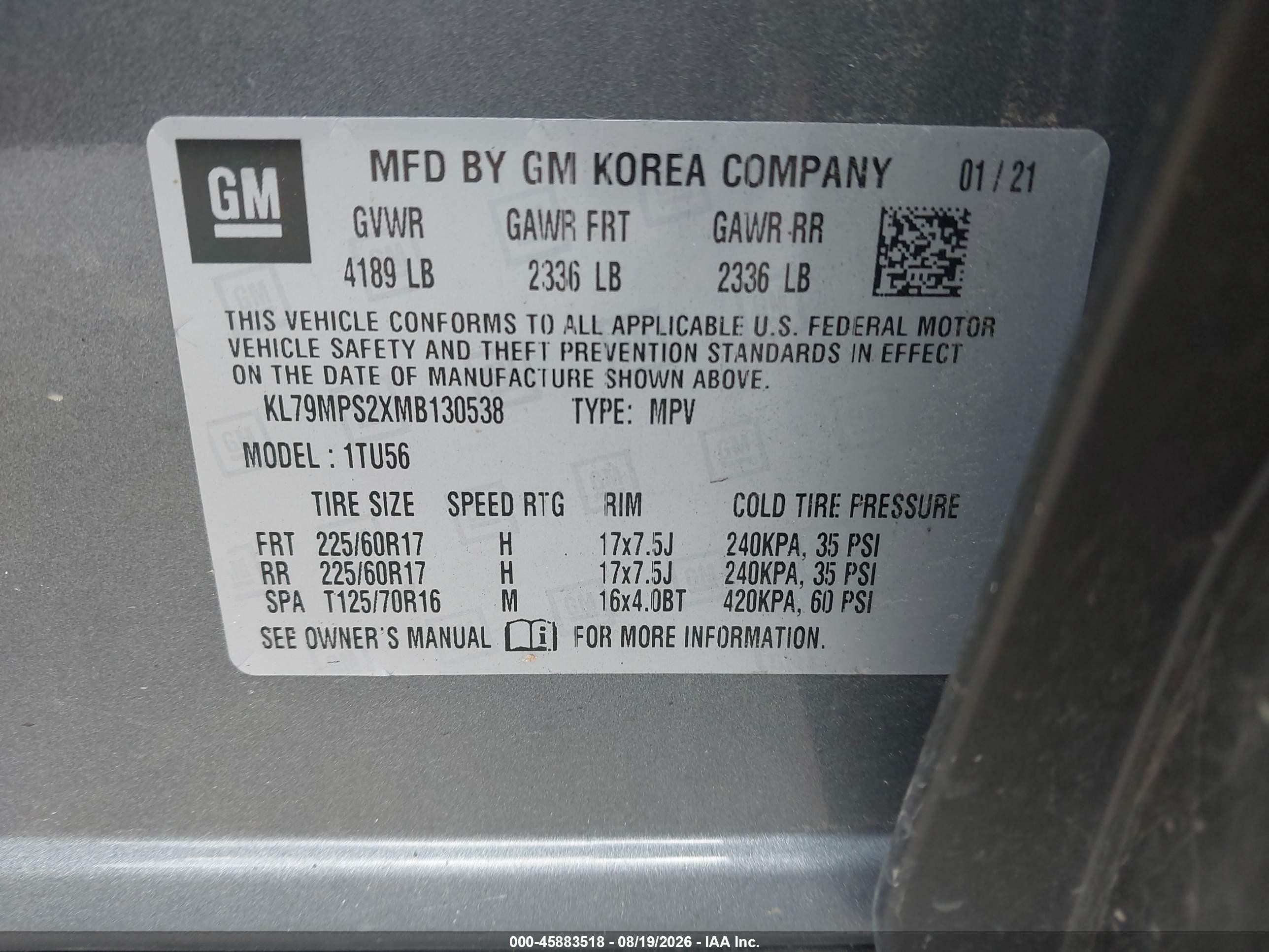 2021 Chevrolet Trailblazer Fwd Lt Gray vin: KL79MPS2XMB130538