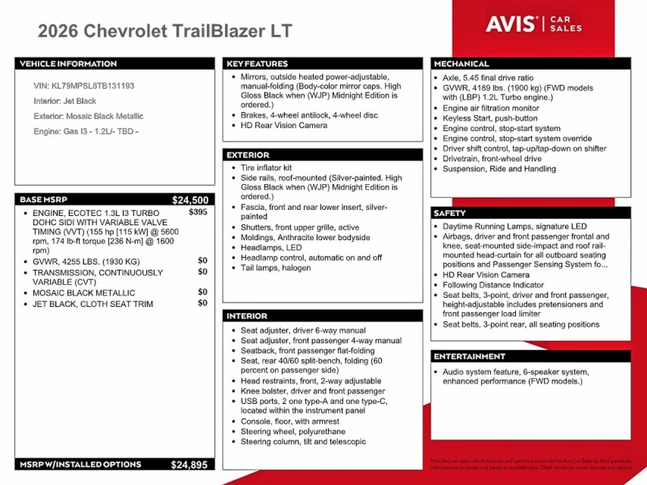 2026 Chevrolet Trailblazer Lt Black vin: KL79MPSL8TB131193