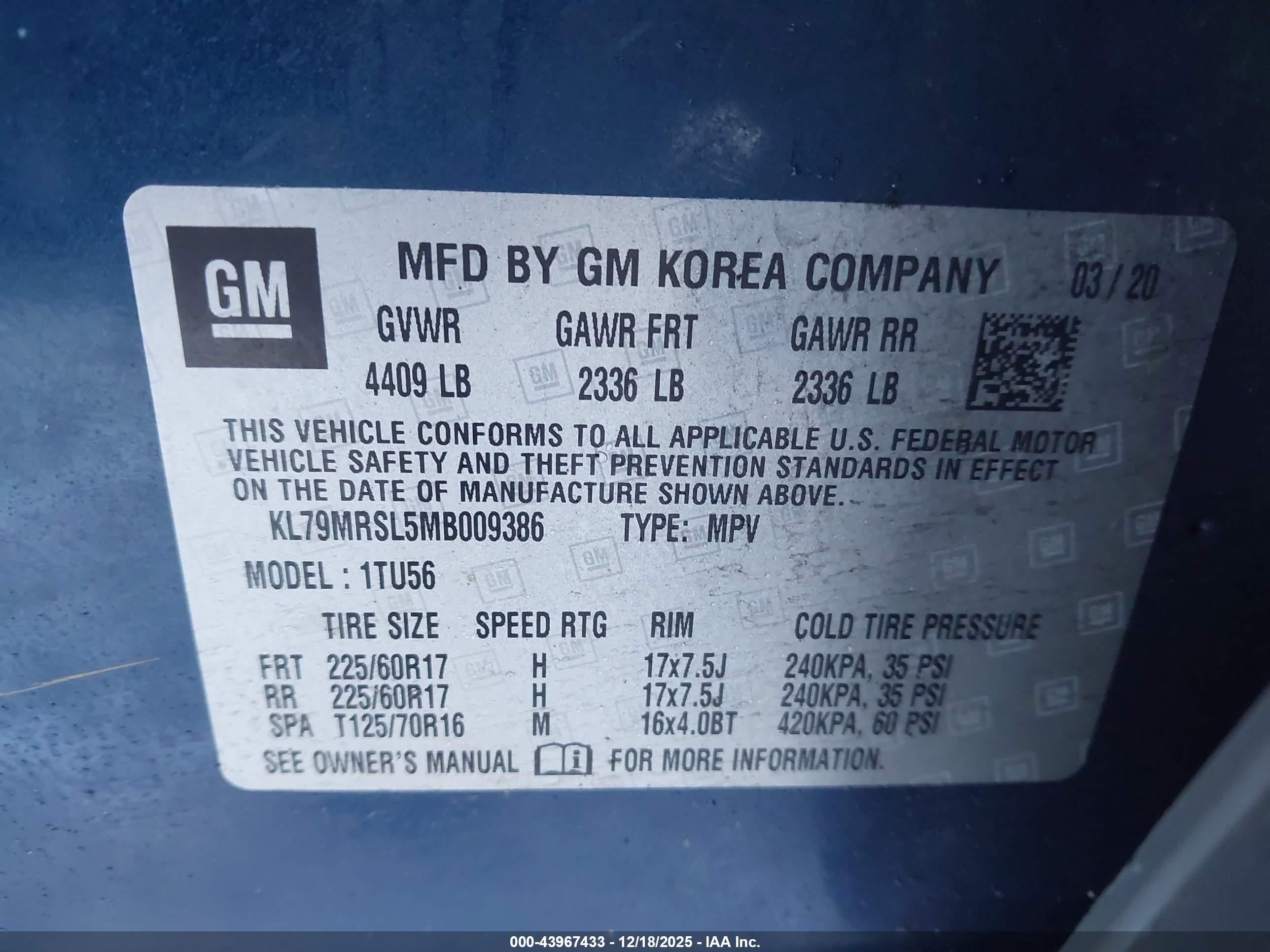 2021 Chevrolet Trailblazer Awd Lt Blue vin: KL79MRSL5MB009386