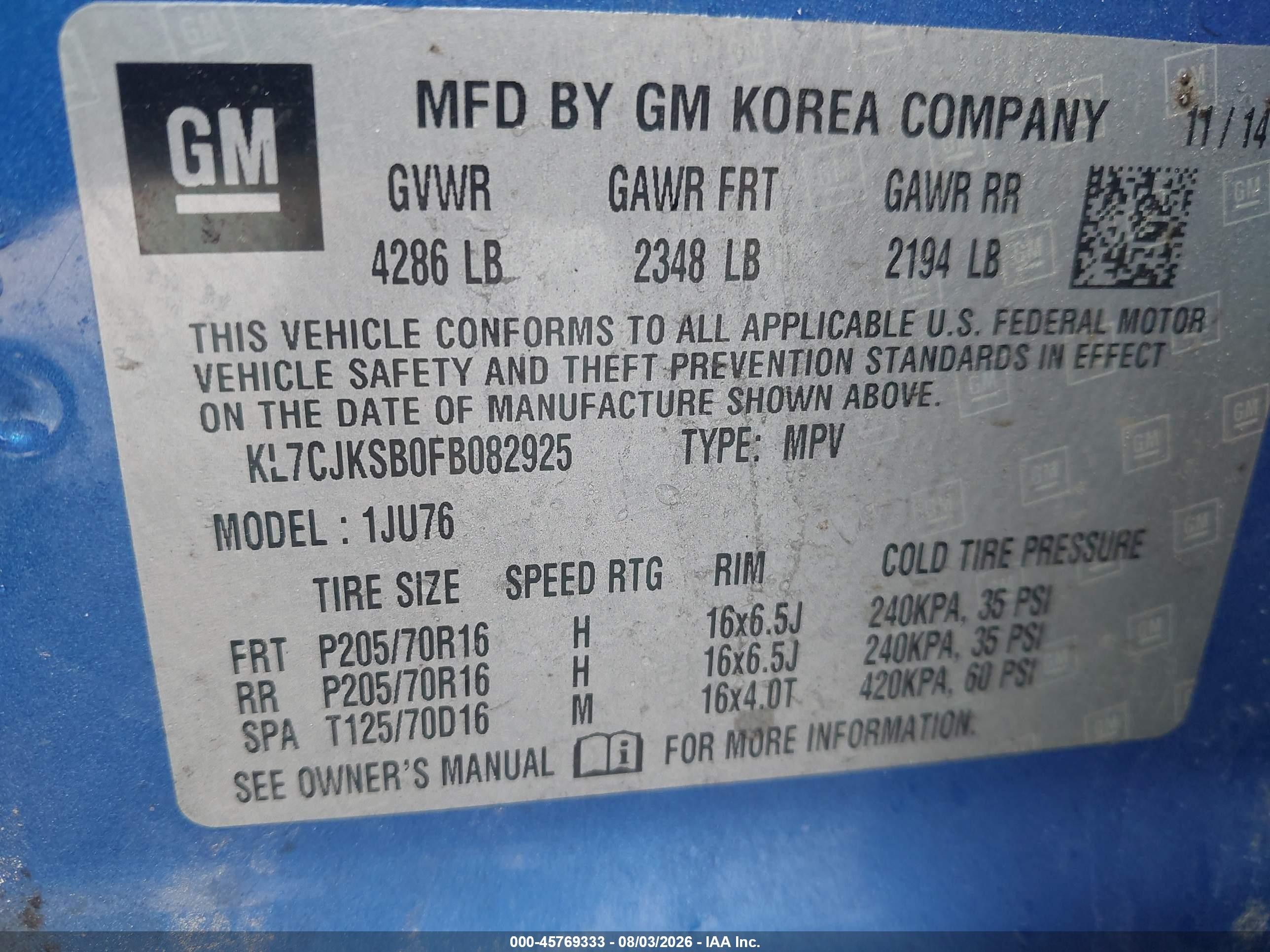 2015 Chevrolet Trax 1ls Blue vin: KL7CJKSB0FB082925