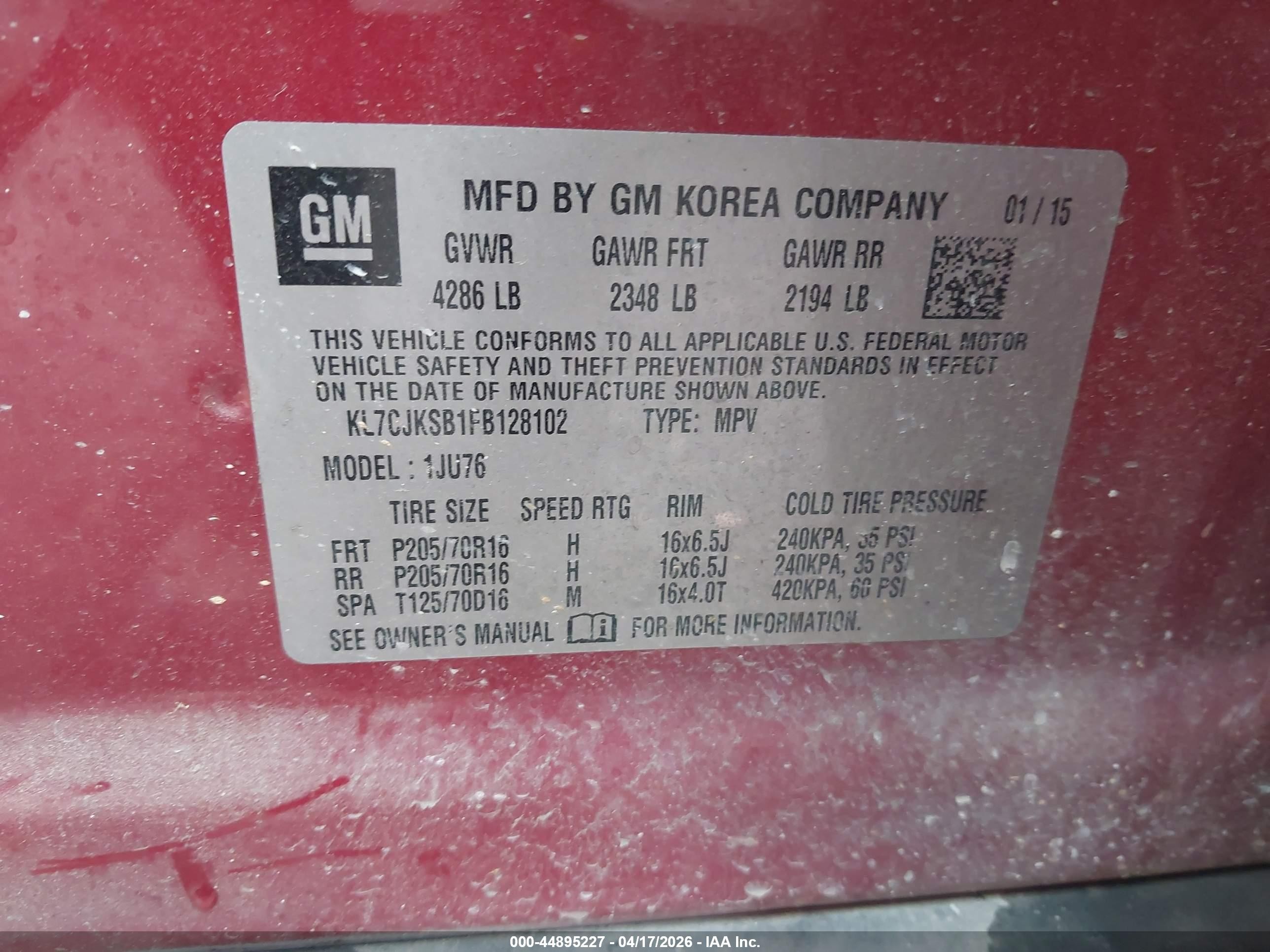 2015 Chevrolet Trax 1ls Red vin: KL7CJKSB1FB128102