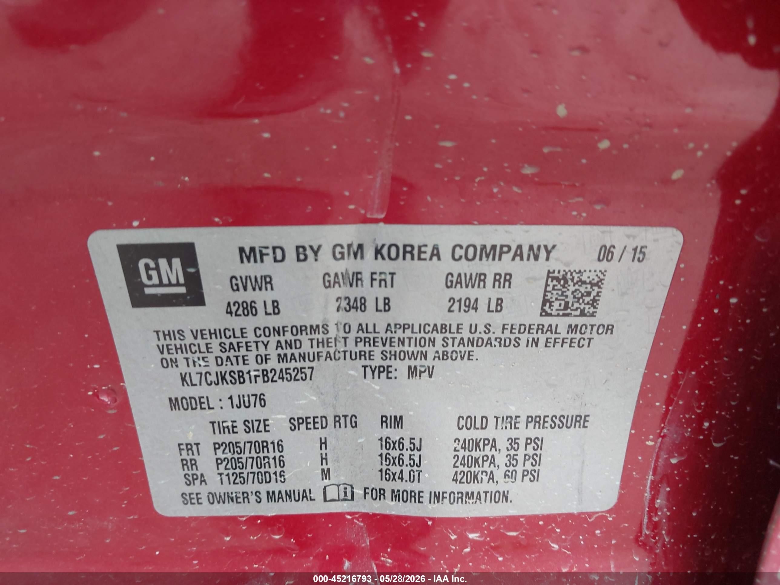 2015 Chevrolet Trax 1ls Maroon vin: KL7CJKSB1FB245257