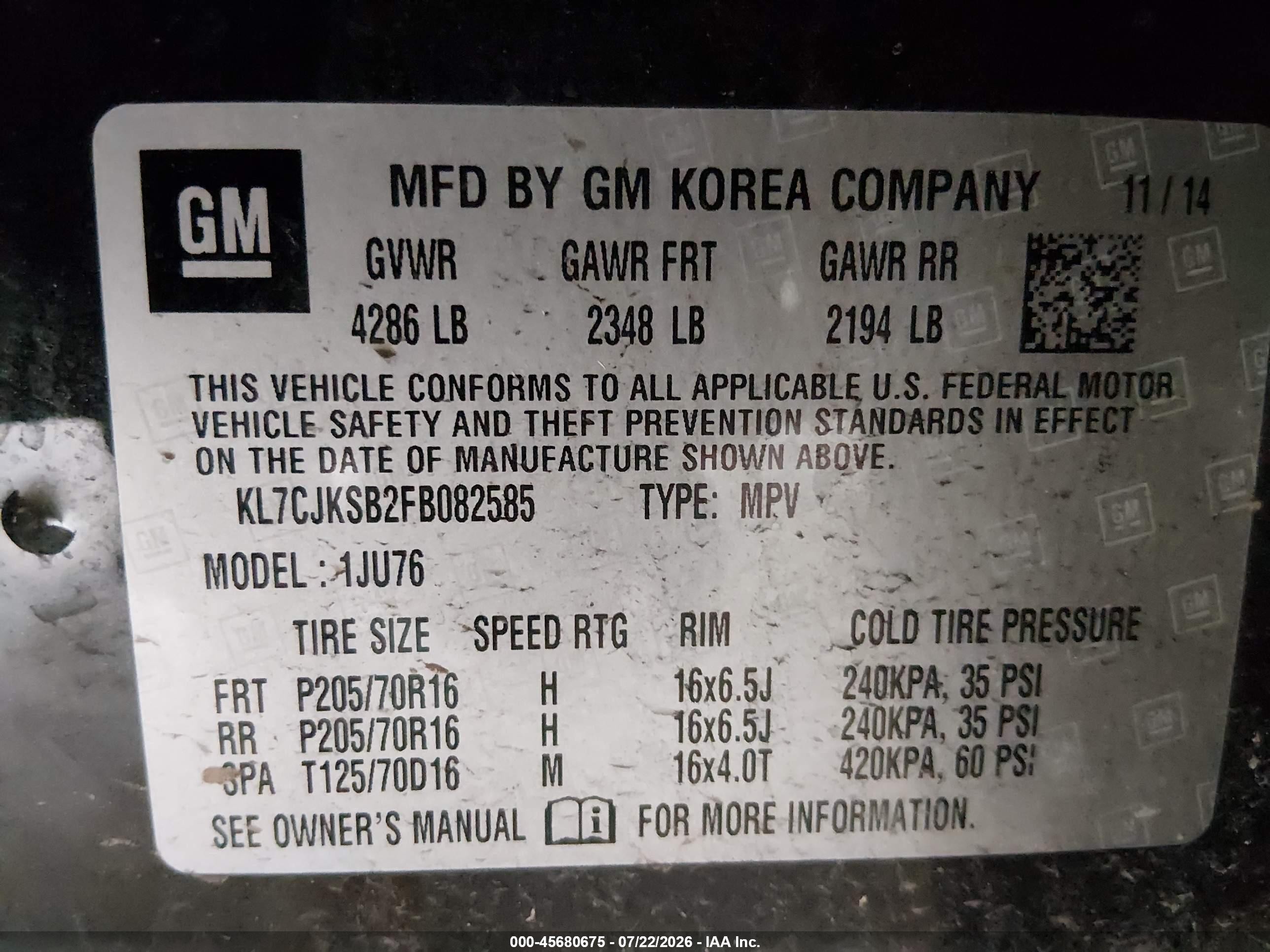 2015 Chevrolet Trax 1ls Black vin: KL7CJKSB2FB082585