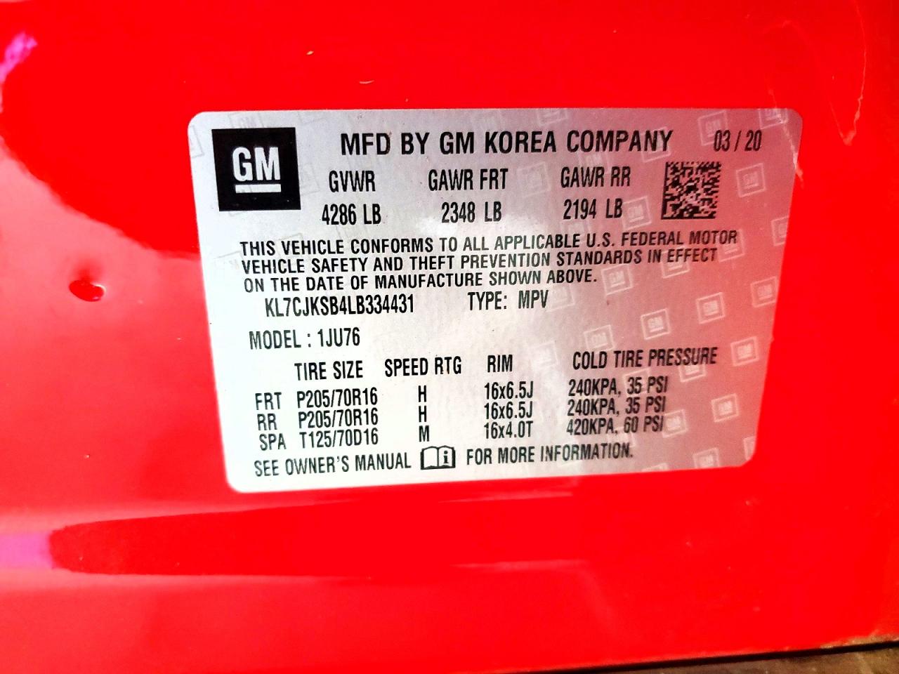 2020 Chevrolet Trax Ls Red vin: KL7CJKSB4LB334431