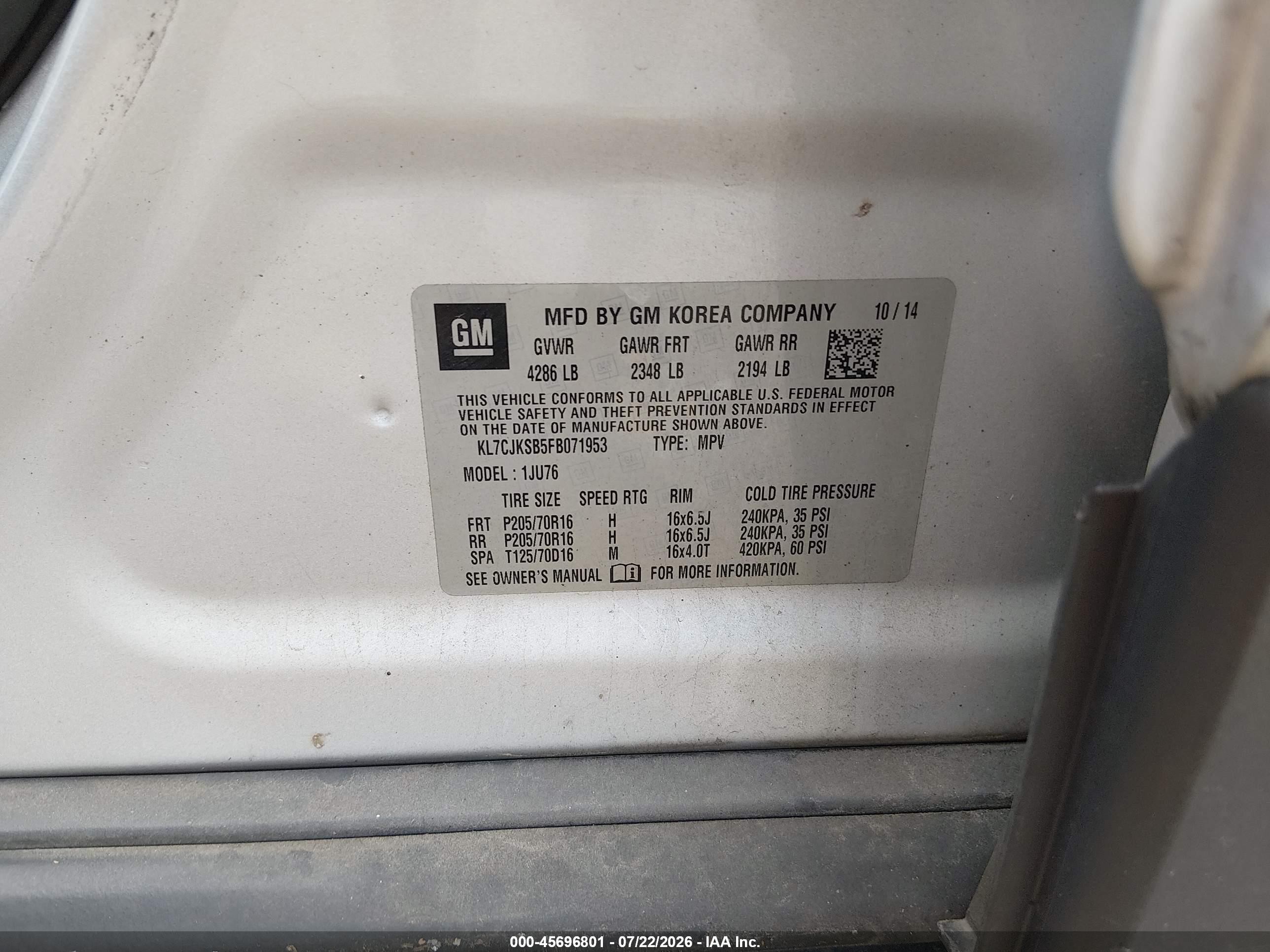 2015 Chevrolet Trax 1ls Серебряный vin: KL7CJKSB5FB071953