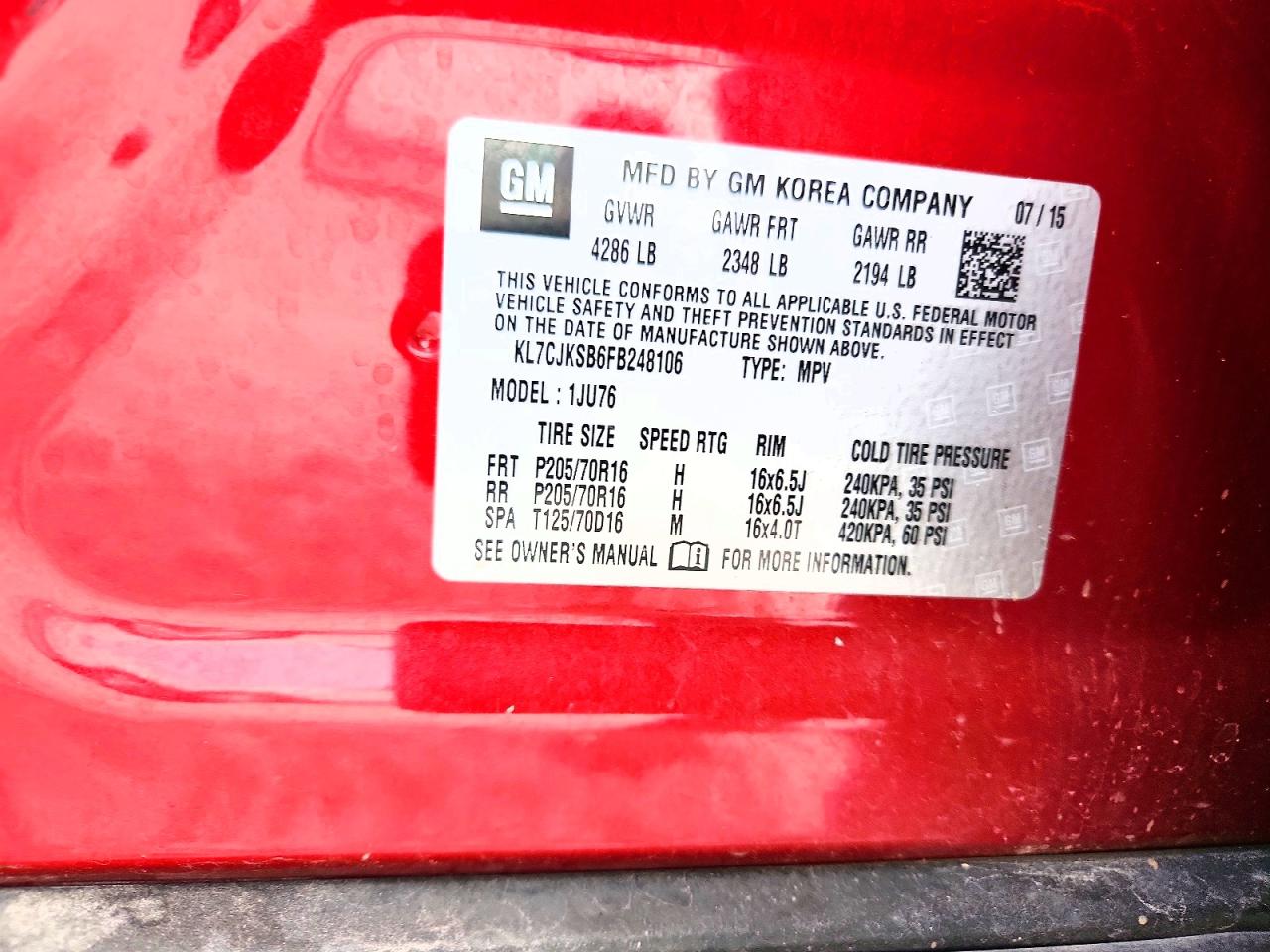 2015 Chevrolet Trax Ls Red vin: KL7CJKSB6FB248106