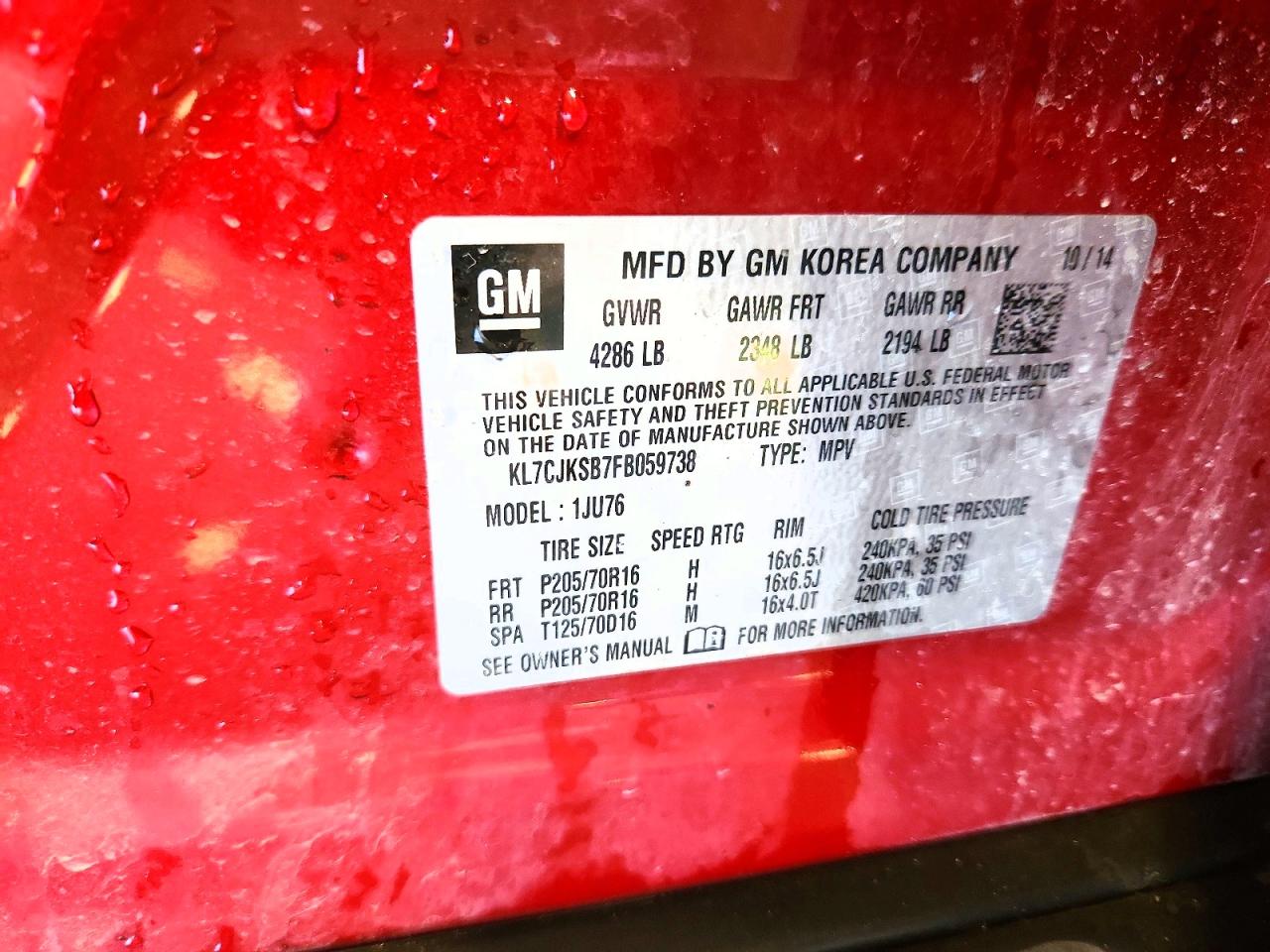 2015 Chevrolet Trax Ls Red vin: KL7CJKSB7FB059738
