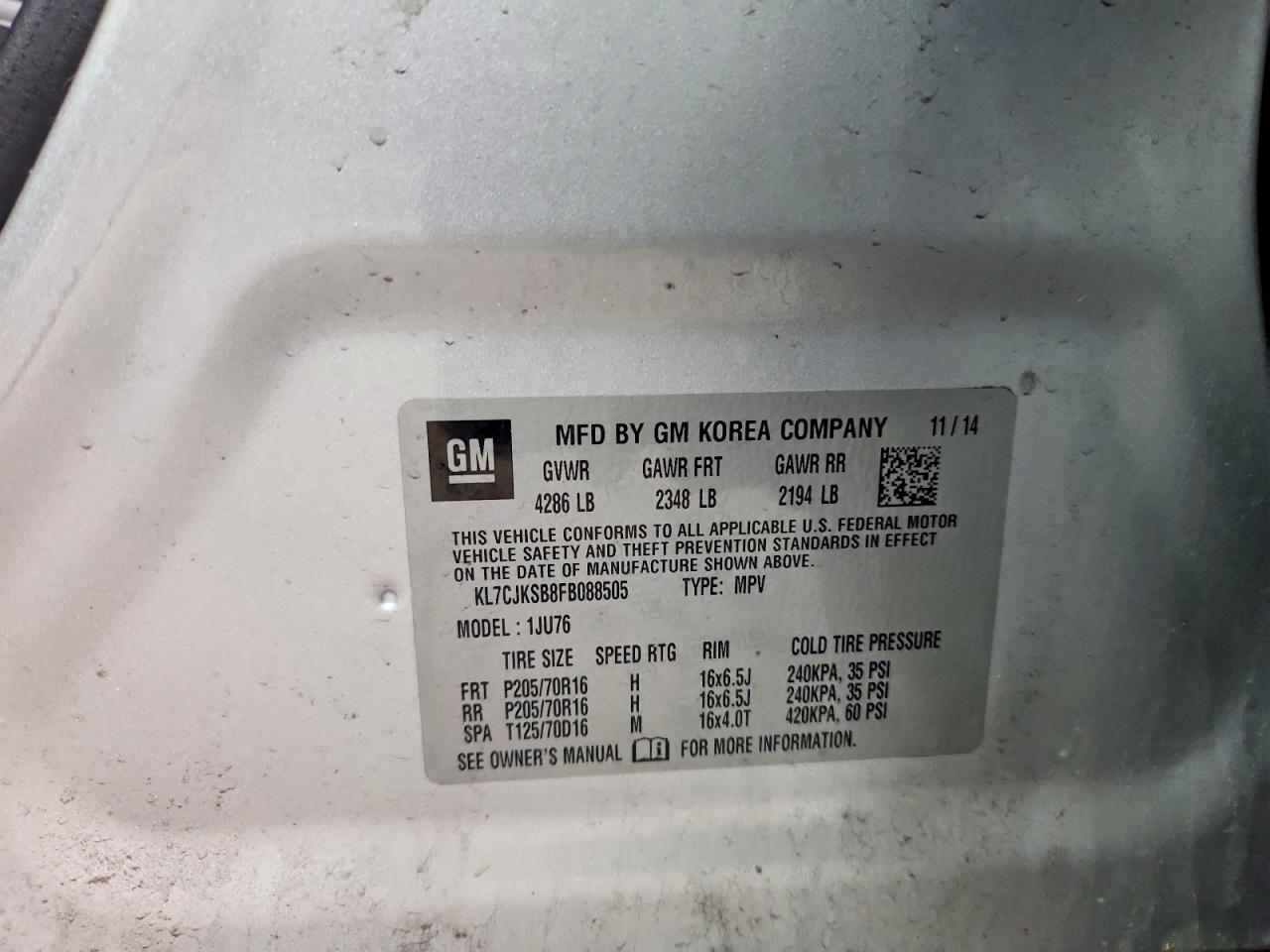 2015 Chevrolet Trax Ls Gray vin: KL7CJKSB8FB088505