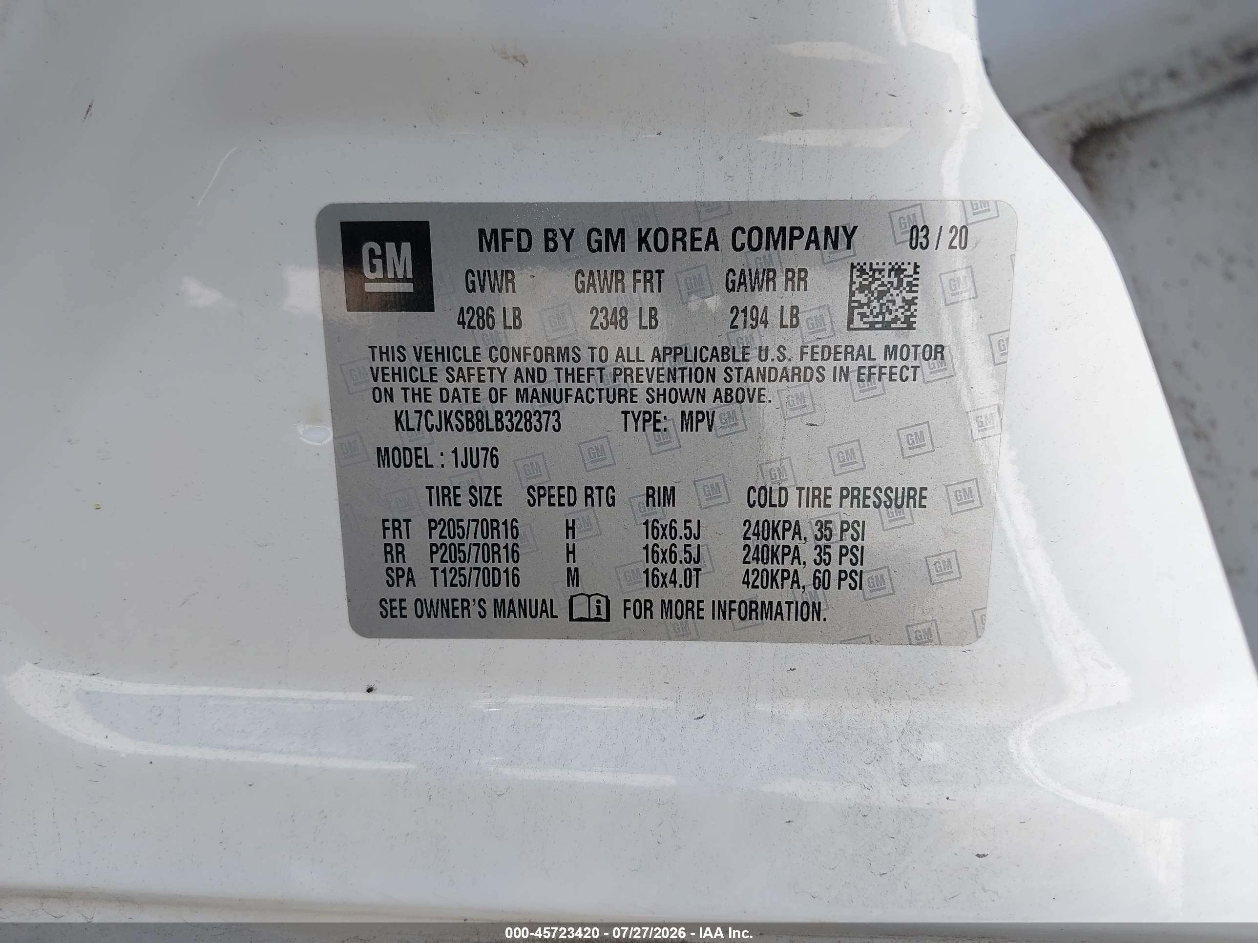 2020 Chevrolet Trax Fwd Ls White vin: KL7CJKSB8LB328373