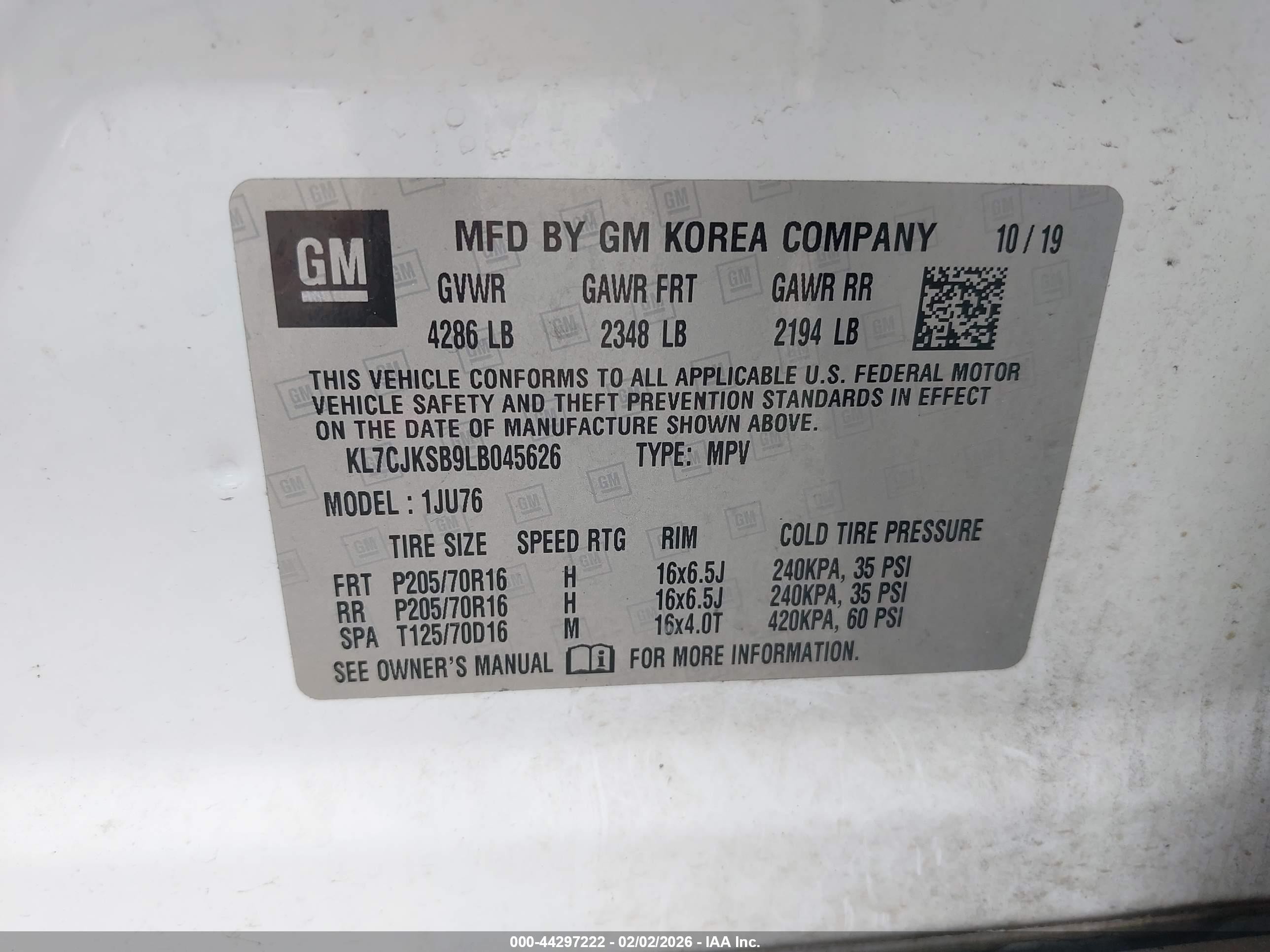 2020 Chevrolet Trax Fwd Ls White vin: KL7CJKSB9LB045626