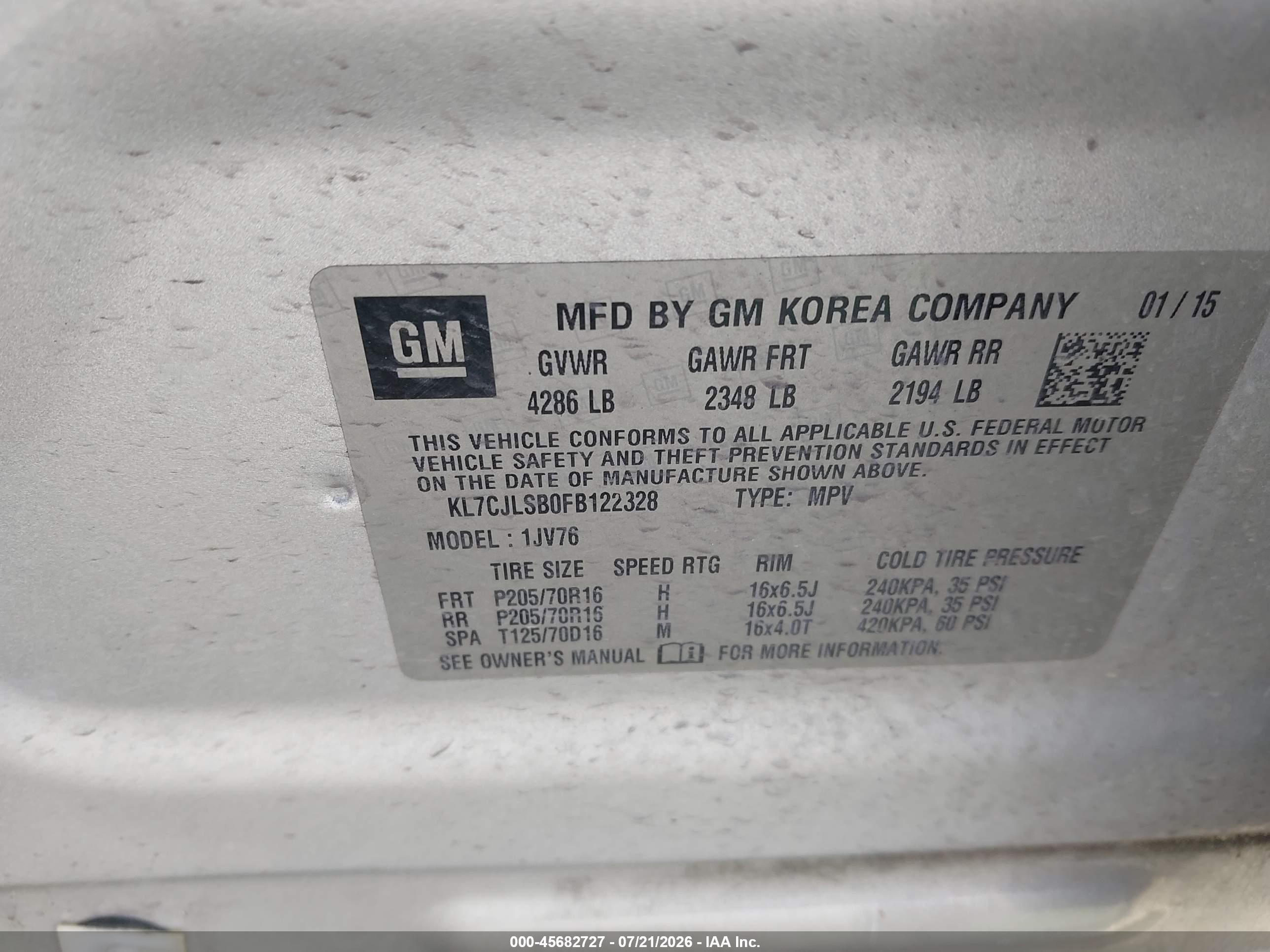 2015 Chevrolet Trax Lt Серебряный vin: KL7CJLSB0FB122328