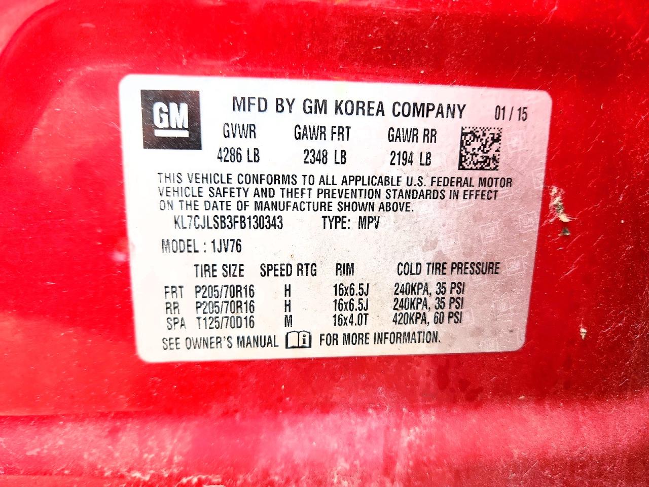 2015 Chevrolet Trax 1lt Red vin: KL7CJLSB3FB130343