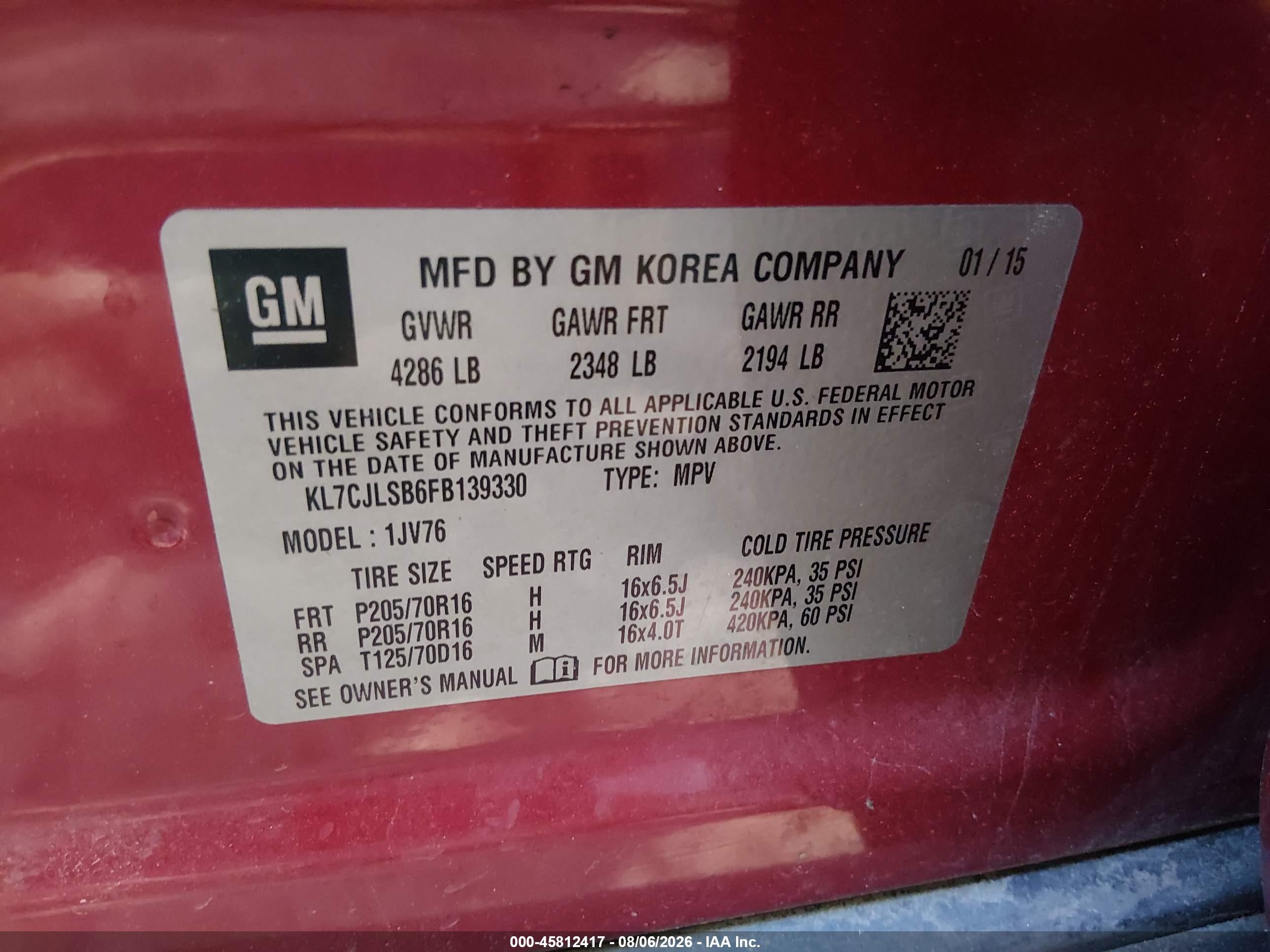 2015 Chevrolet Trax Lt Red vin: KL7CJLSB6FB139330