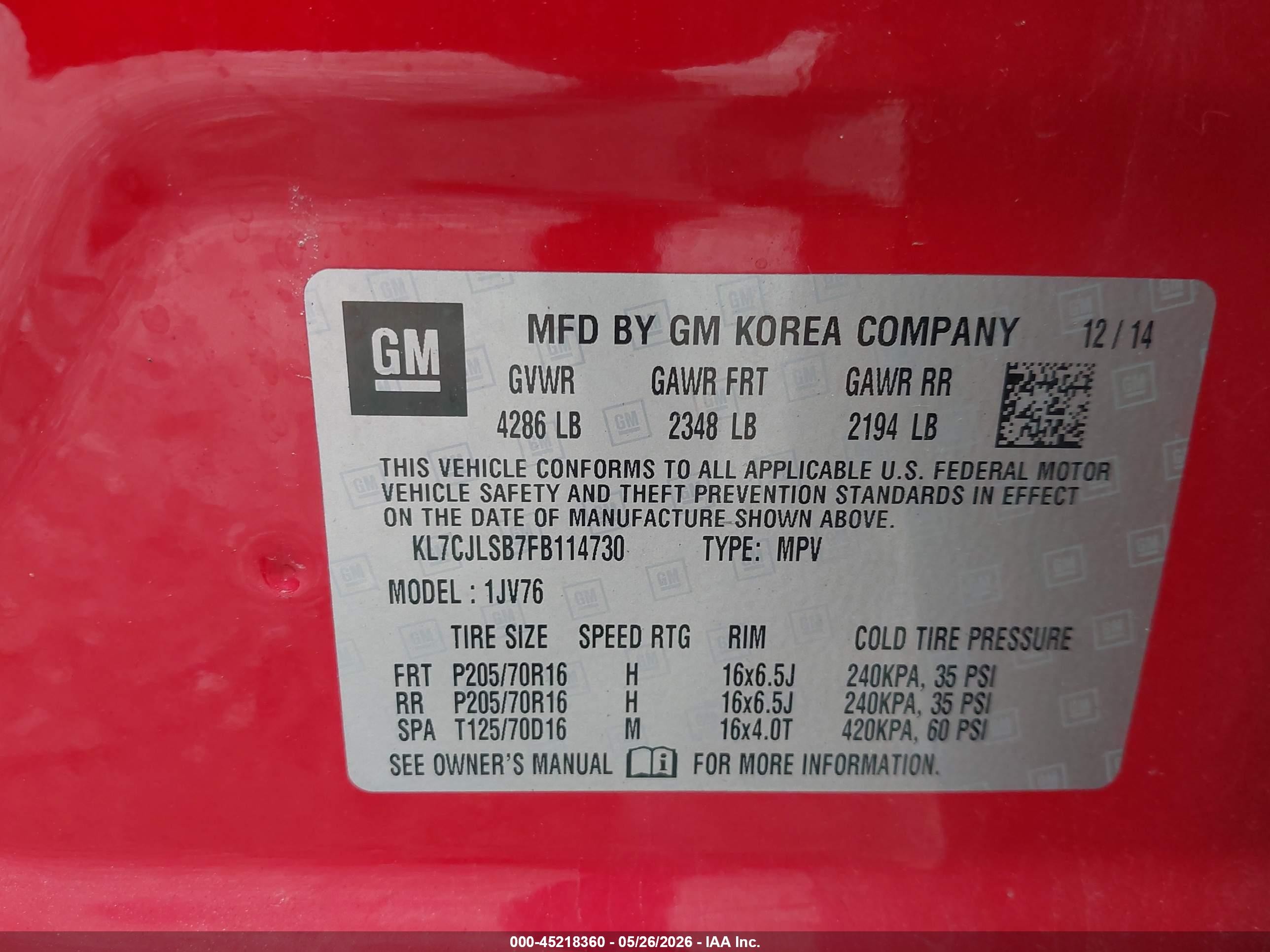 2015 Chevrolet Trax Lt Red vin: KL7CJLSB7FB114730