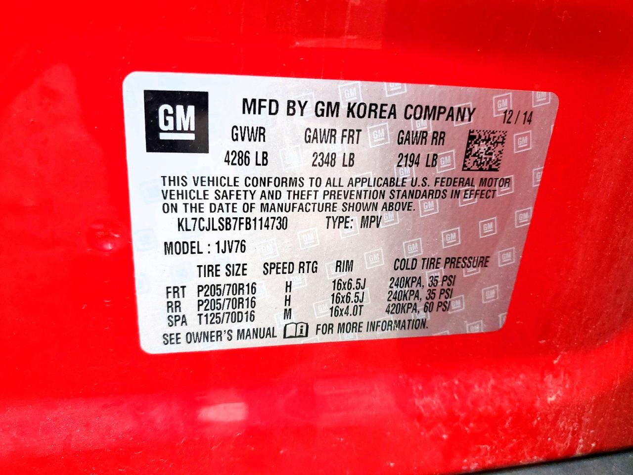 2015 Chevrolet Trax 1lt Red vin: KL7CJLSB7FB114730