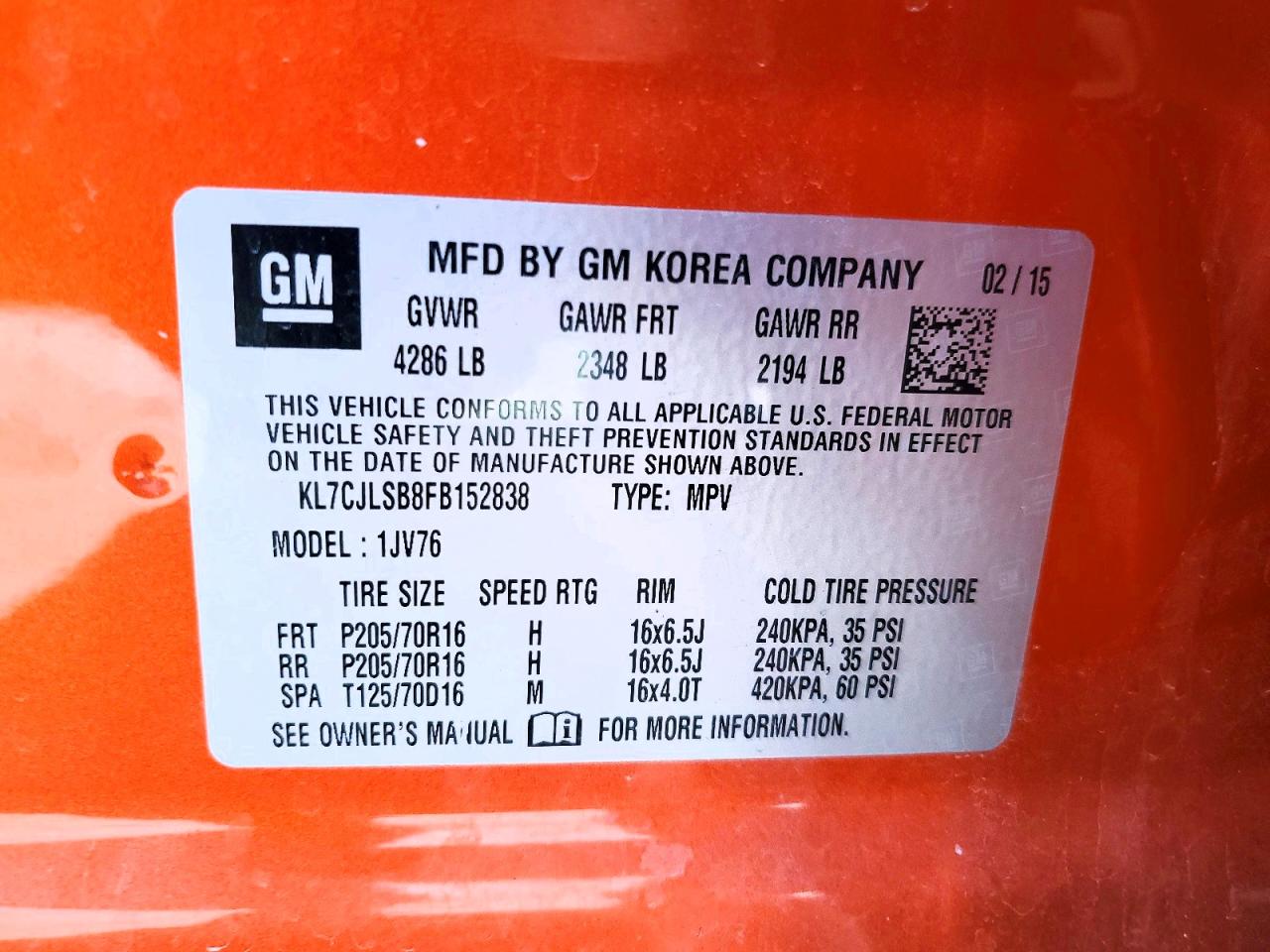 2015 Chevrolet Trax 1lt Orange vin: KL7CJLSB8FB152838