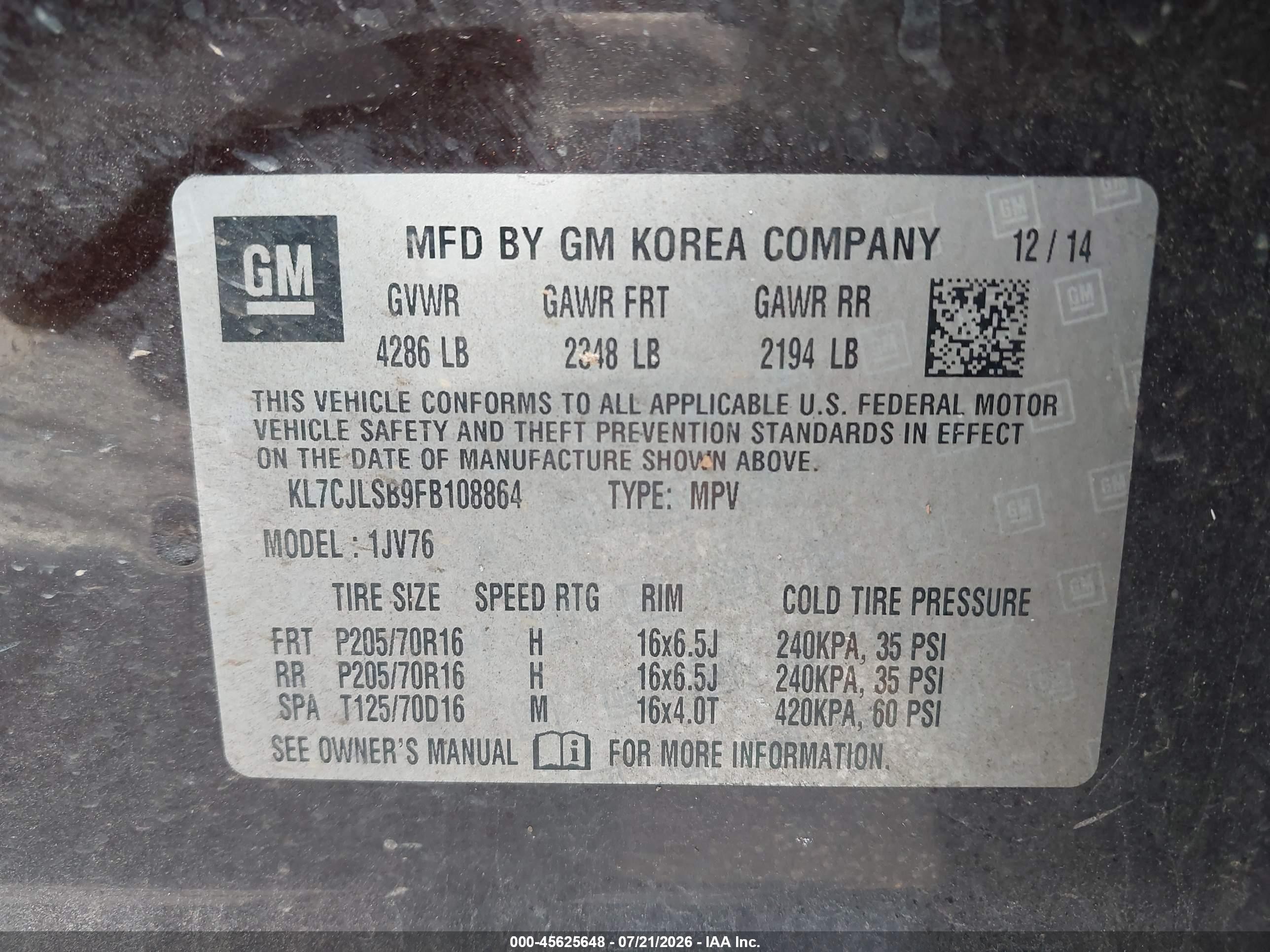 2015 Chevrolet Trax Lt Purple vin: KL7CJLSB9FB108864