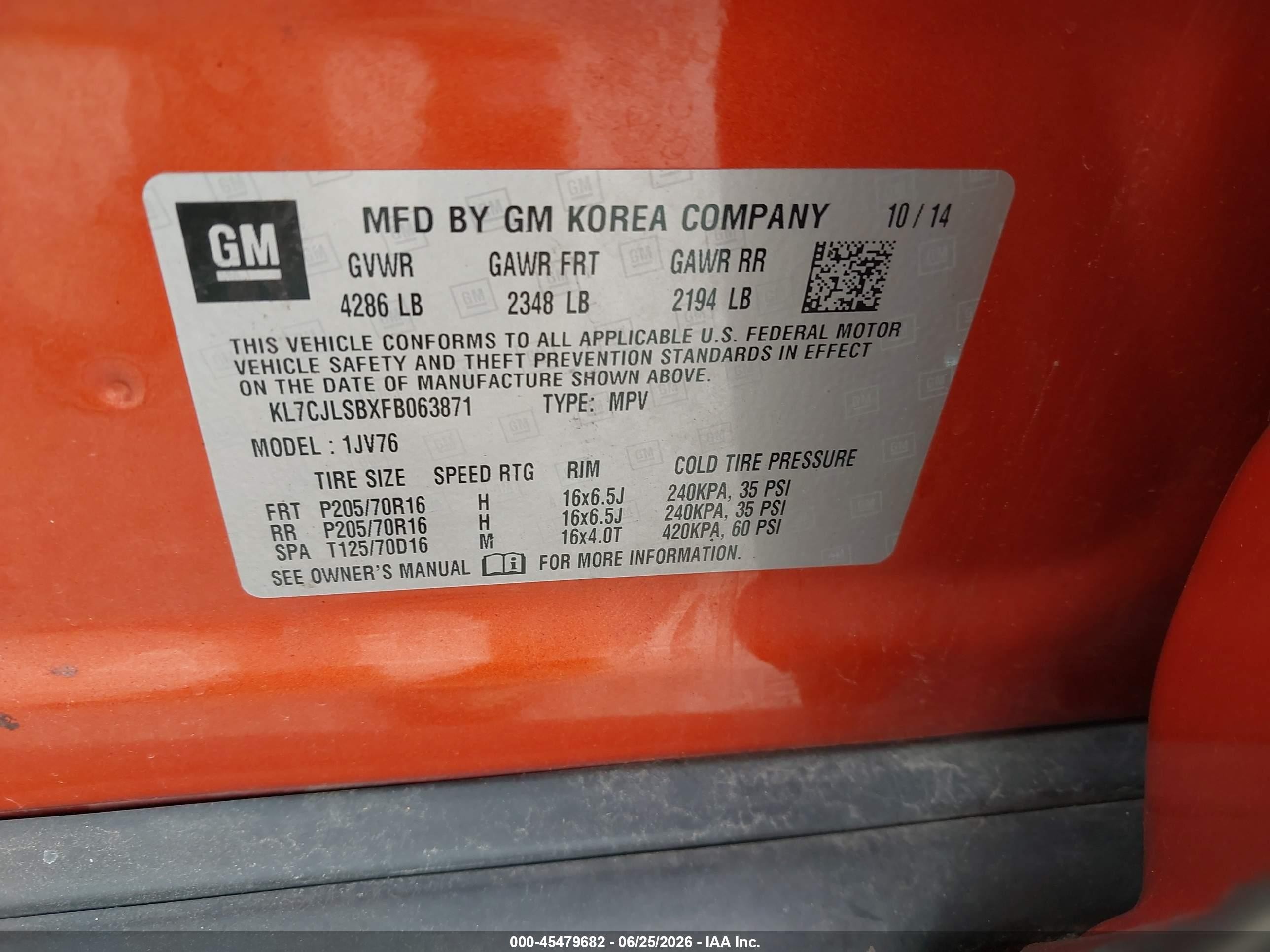2015 Chevrolet Trax Lt Orange vin: KL7CJLSBXFB063871