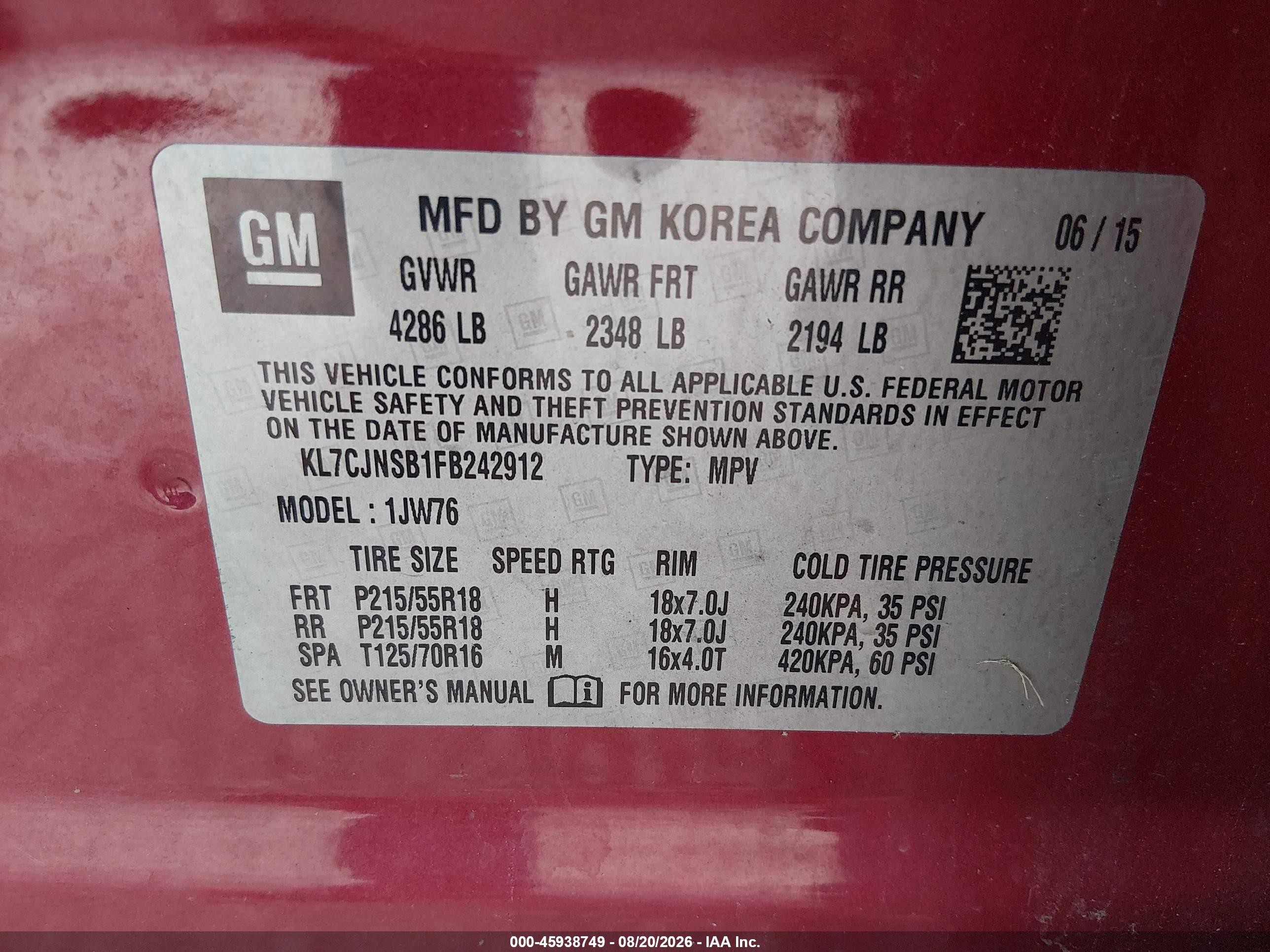 2015 Chevrolet Trax Ltz Burgundy vin: KL7CJNSB1FB242912