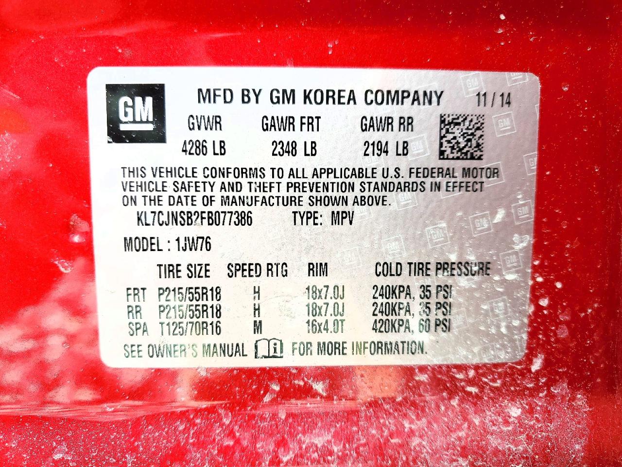 2015 Chevrolet Trax Ltz Red vin: KL7CJNSB2FB077386
