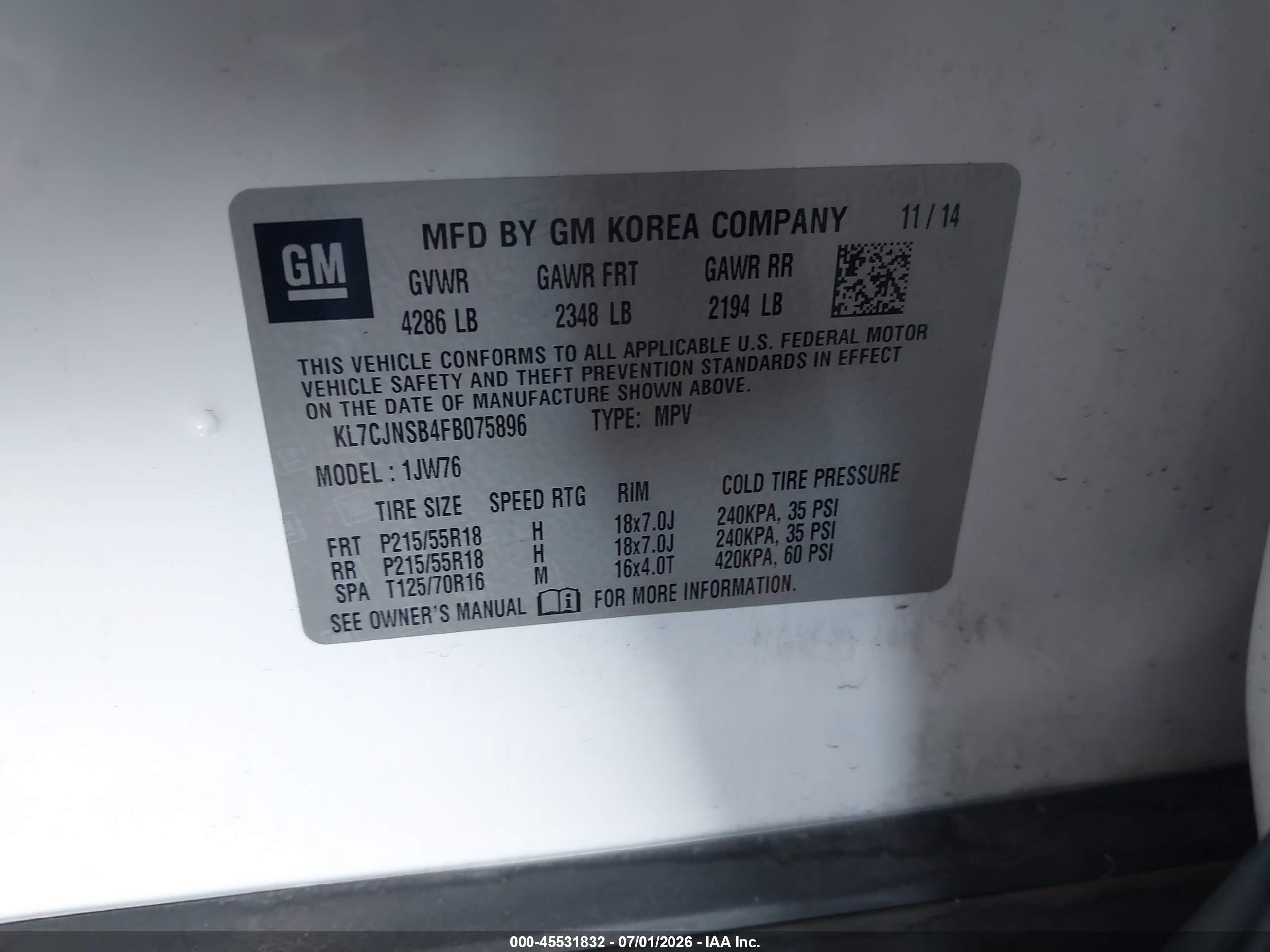 2015 Chevrolet Trax Ltz White vin: KL7CJNSB4FB075896