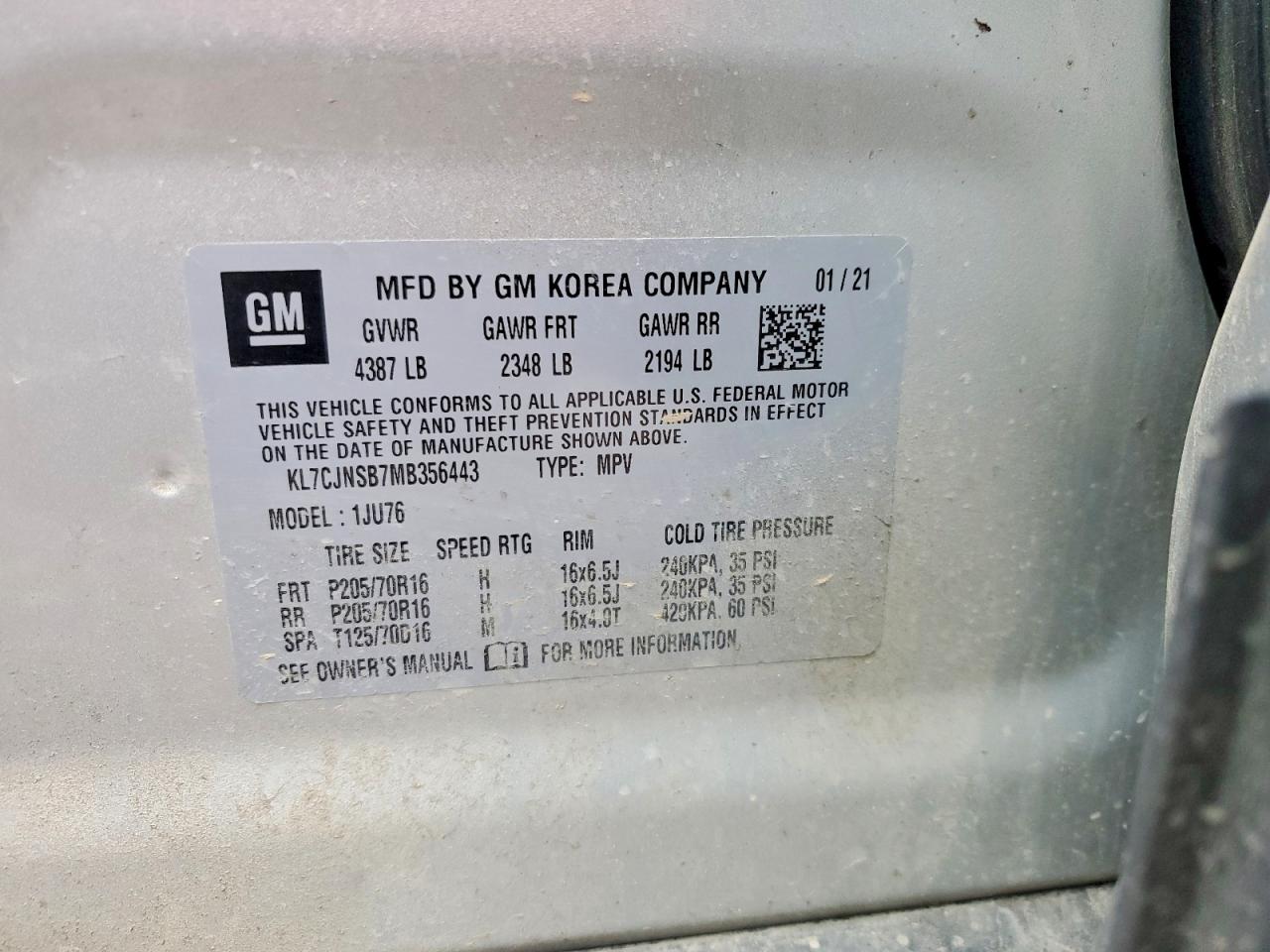 2021 Chevrolet Trax Ls Silver vin: KL7CJNSB7MB356443