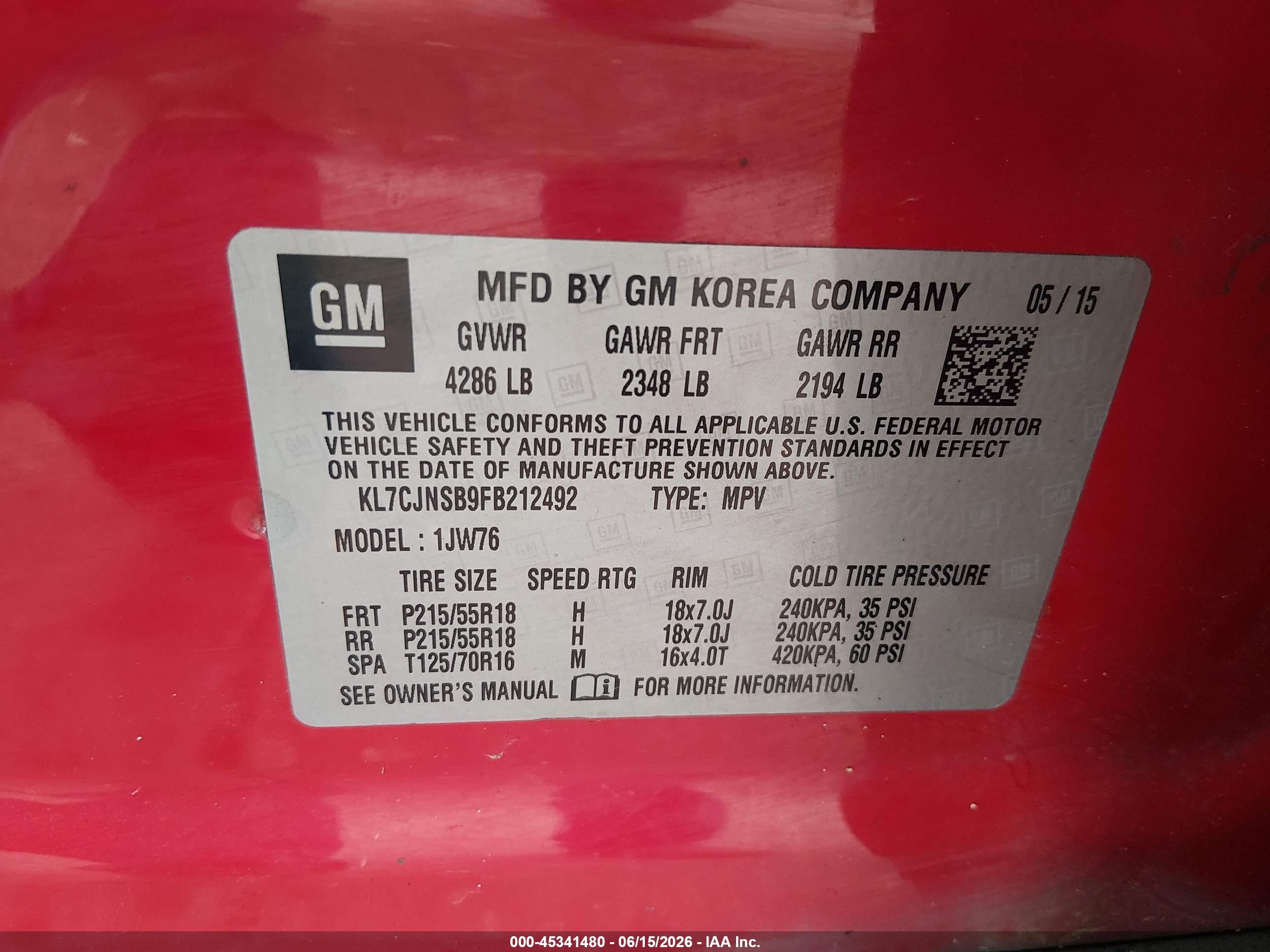 2015 Chevrolet Trax Ltz Red vin: KL7CJNSB9FB212492