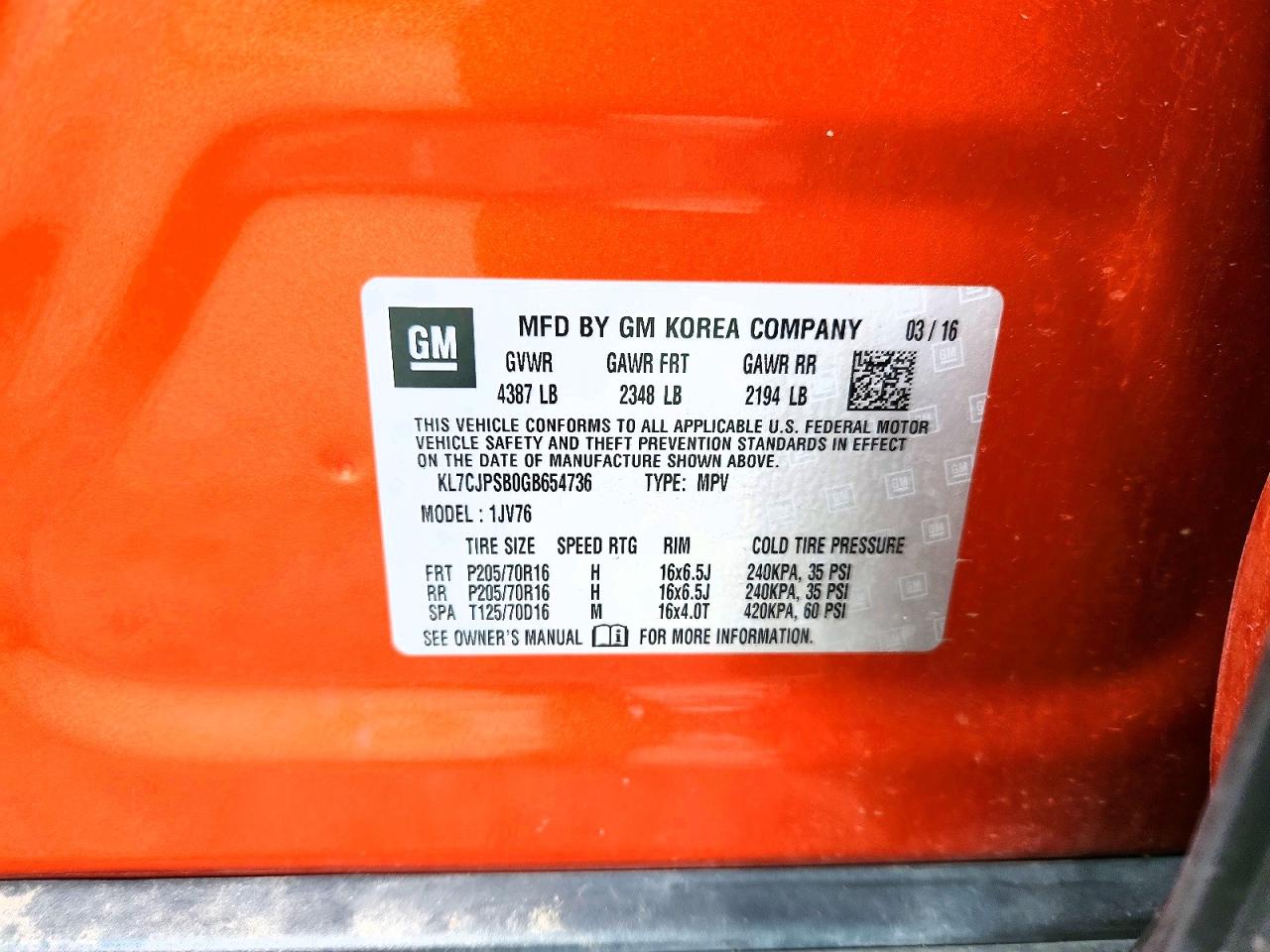 2016 Chevrolet Trax 1lt Orange vin: KL7CJPSB0GB654736