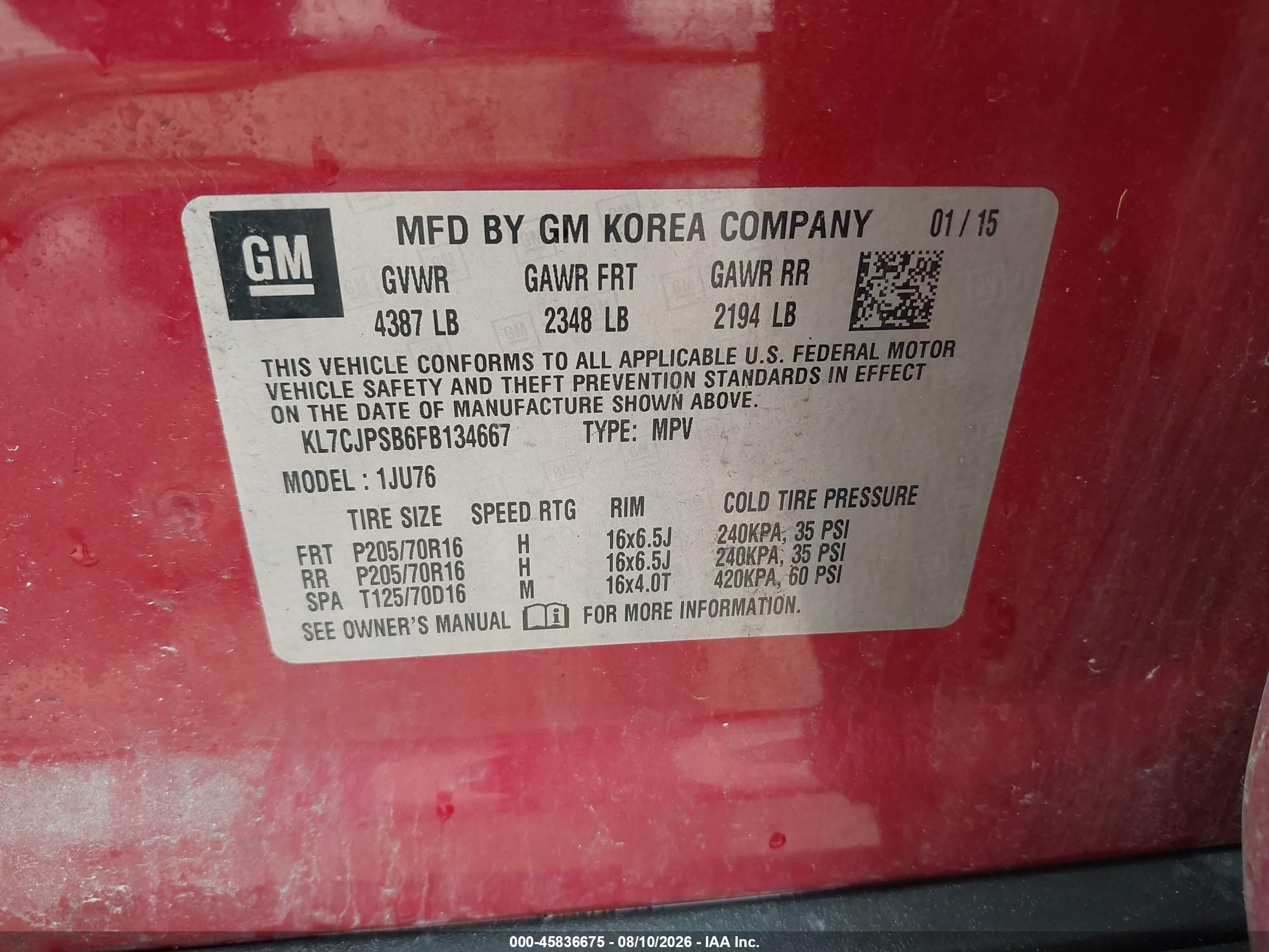 2015 Chevrolet Trax Ls Red vin: KL7CJPSB6FB134667