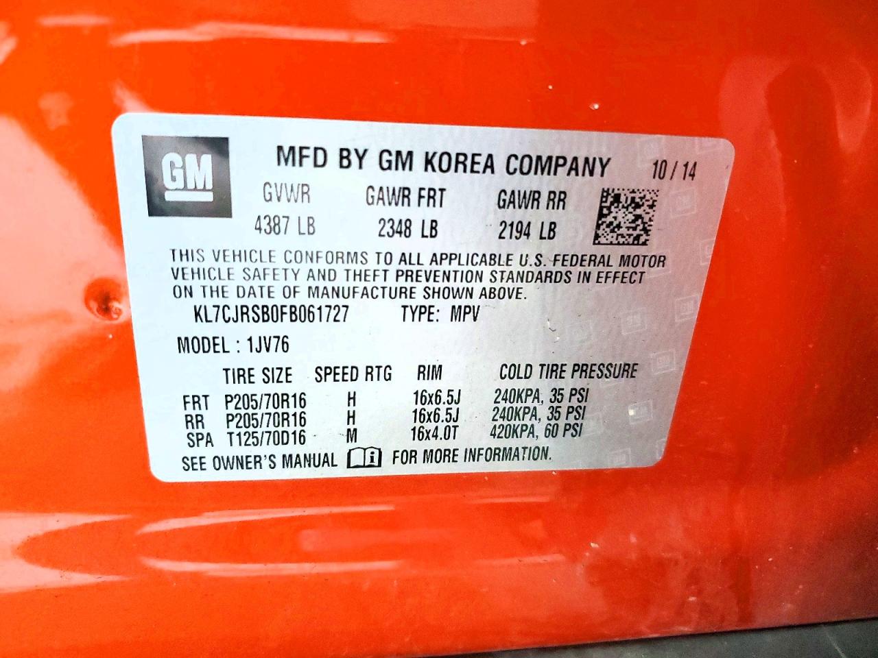 2015 Chevrolet Trax 1lt Orange vin: KL7CJRSB0FB061727