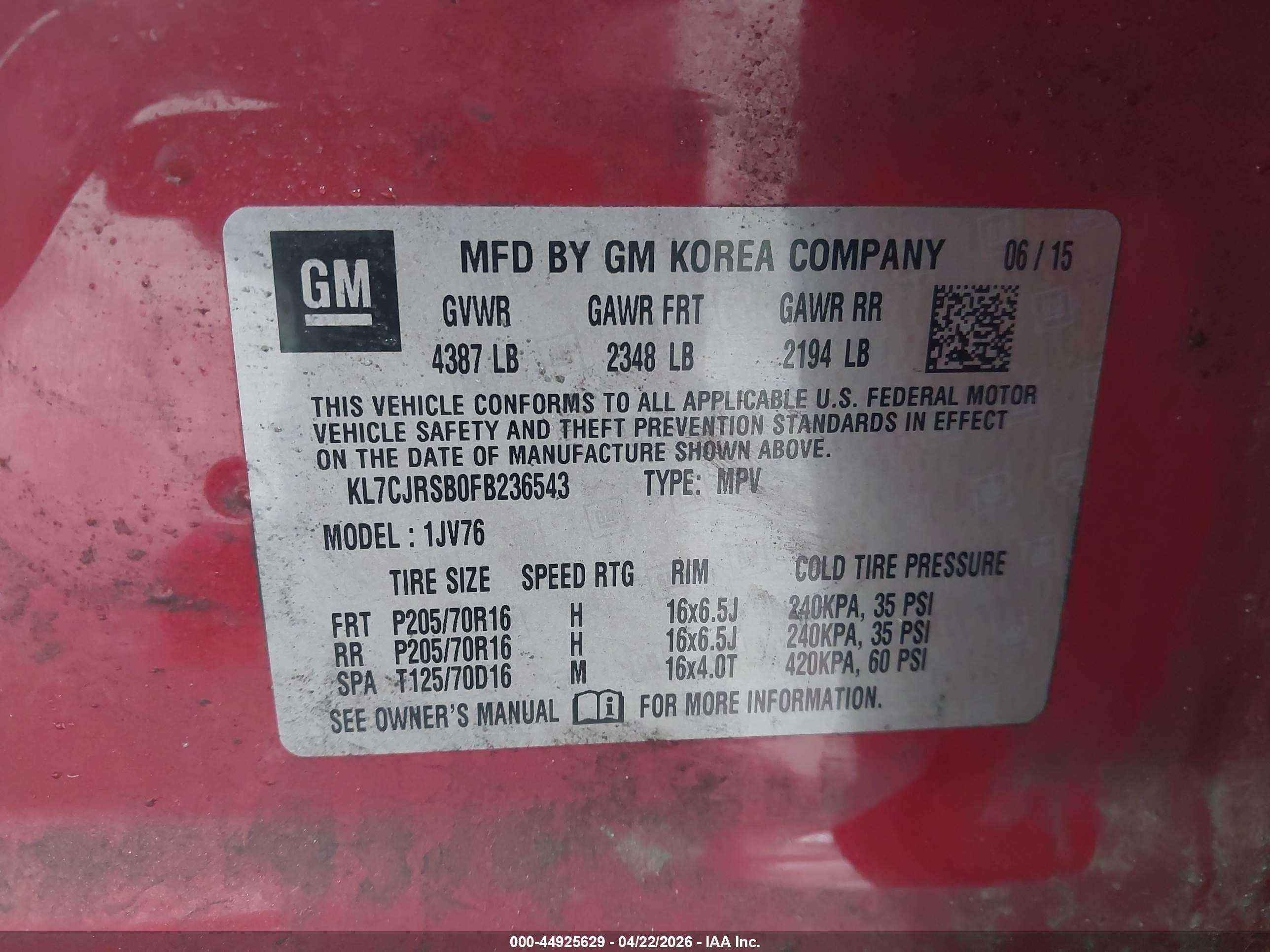 2015 Chevrolet Trax Lt Red vin: KL7CJRSB0FB236543